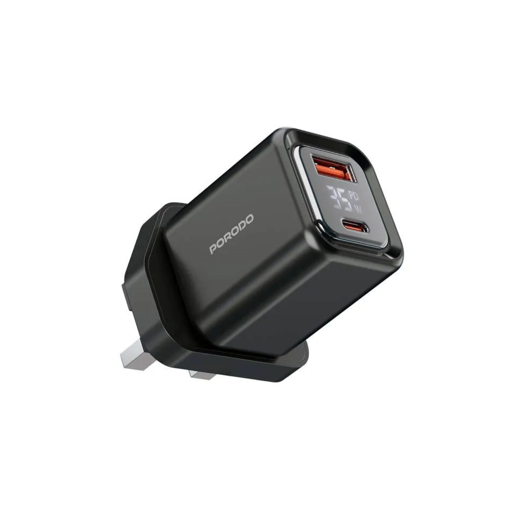 Porodo PD35W GaN Fast Charger with LCD Display, USB-C PD 35W Output, UK Plug, Includes Lightning Transparent Cable for iPhone & iPad, High-Speed Power Adapter – Black