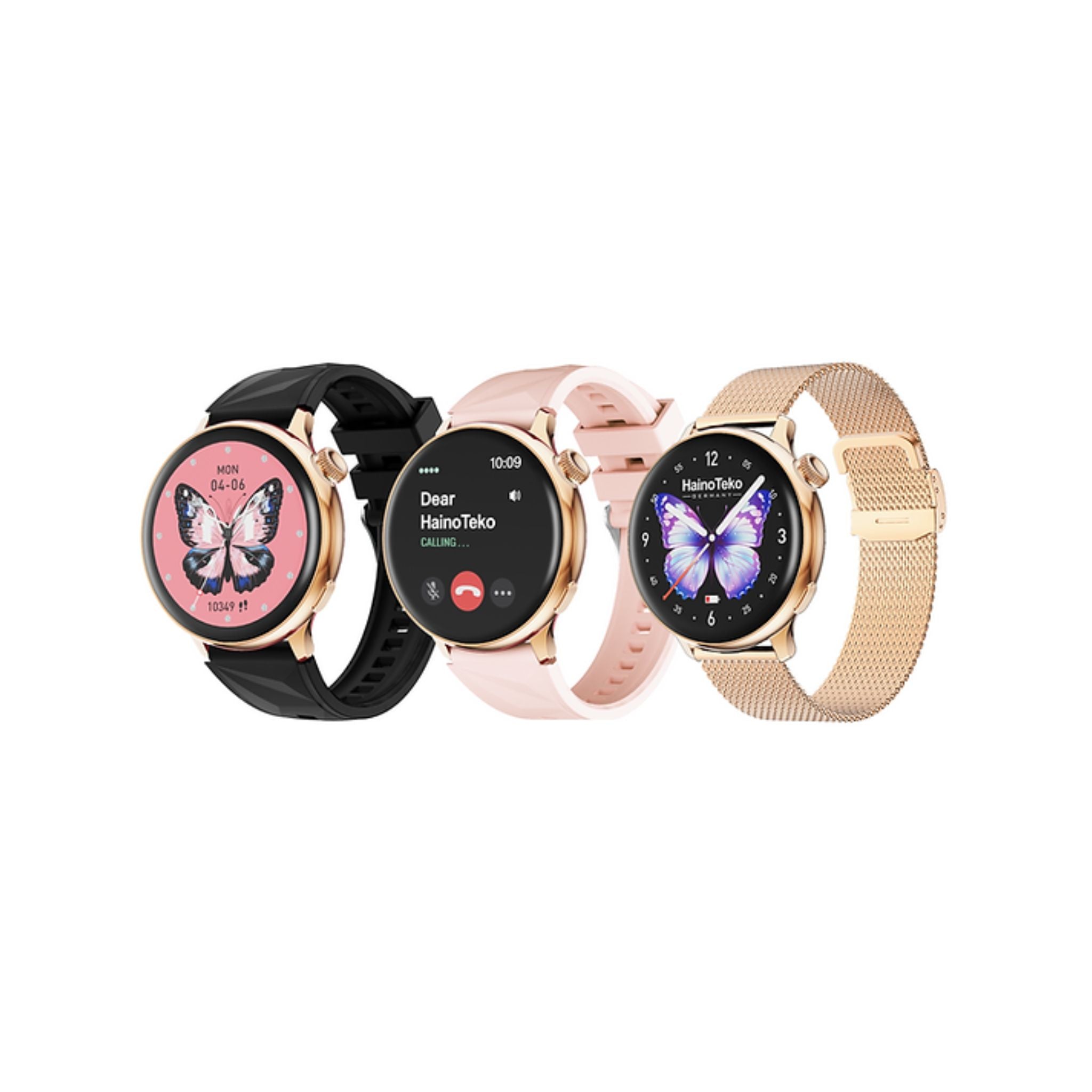 Three smartwatches with different band colors on a white background