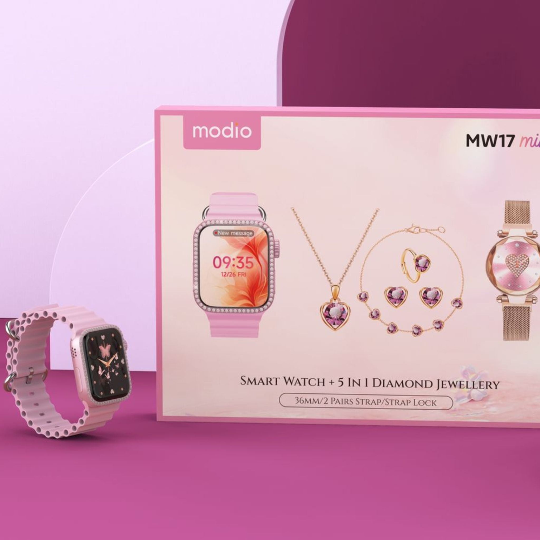 Modio MW17 Mini Smartwatch with 5 in 1 Diamond Jewellery