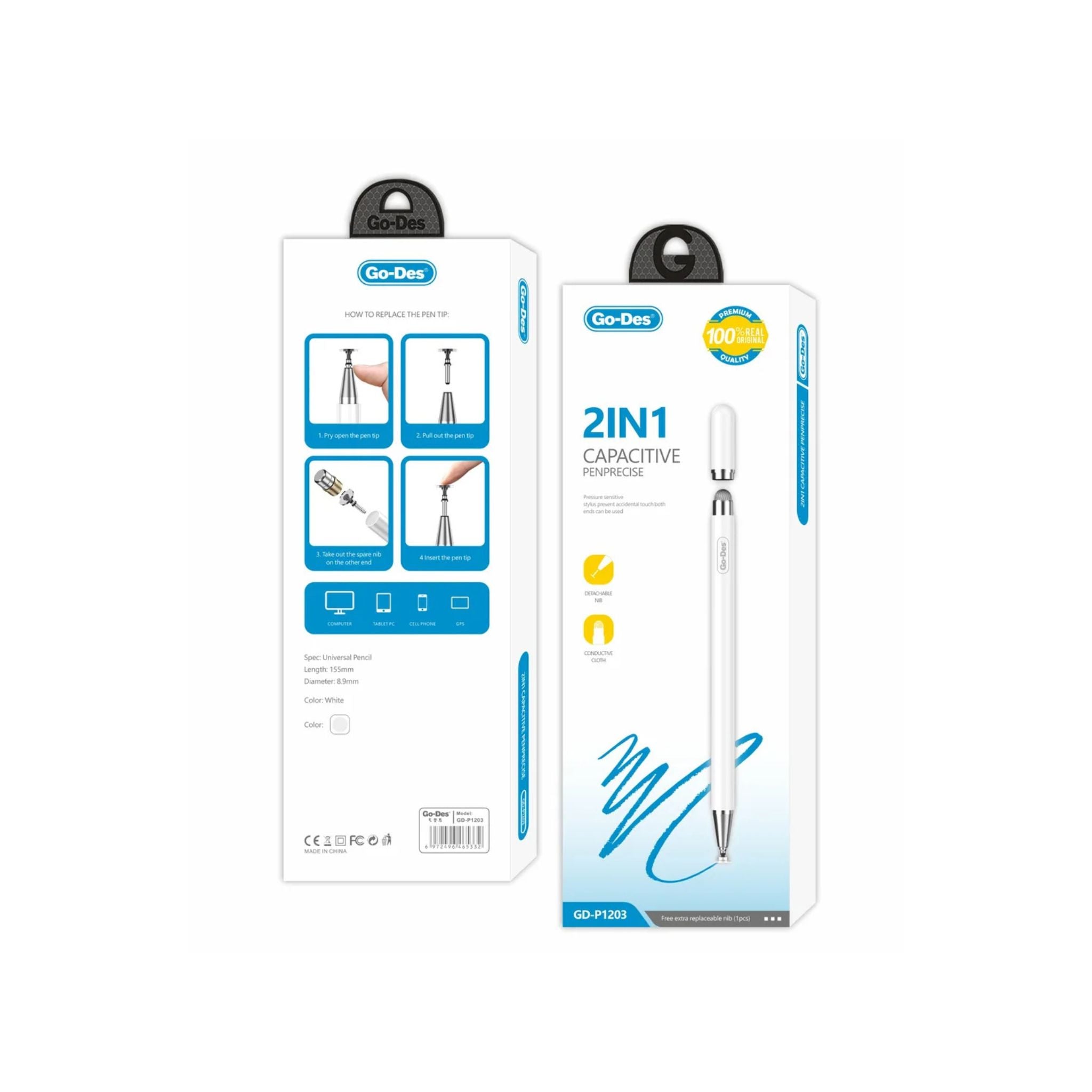 Go-Des 2-in-1 Universal Capacitive Stylus Pen Dual-Ended Magnetic Touchscreen Pencil with Extra Nib No Charging Required