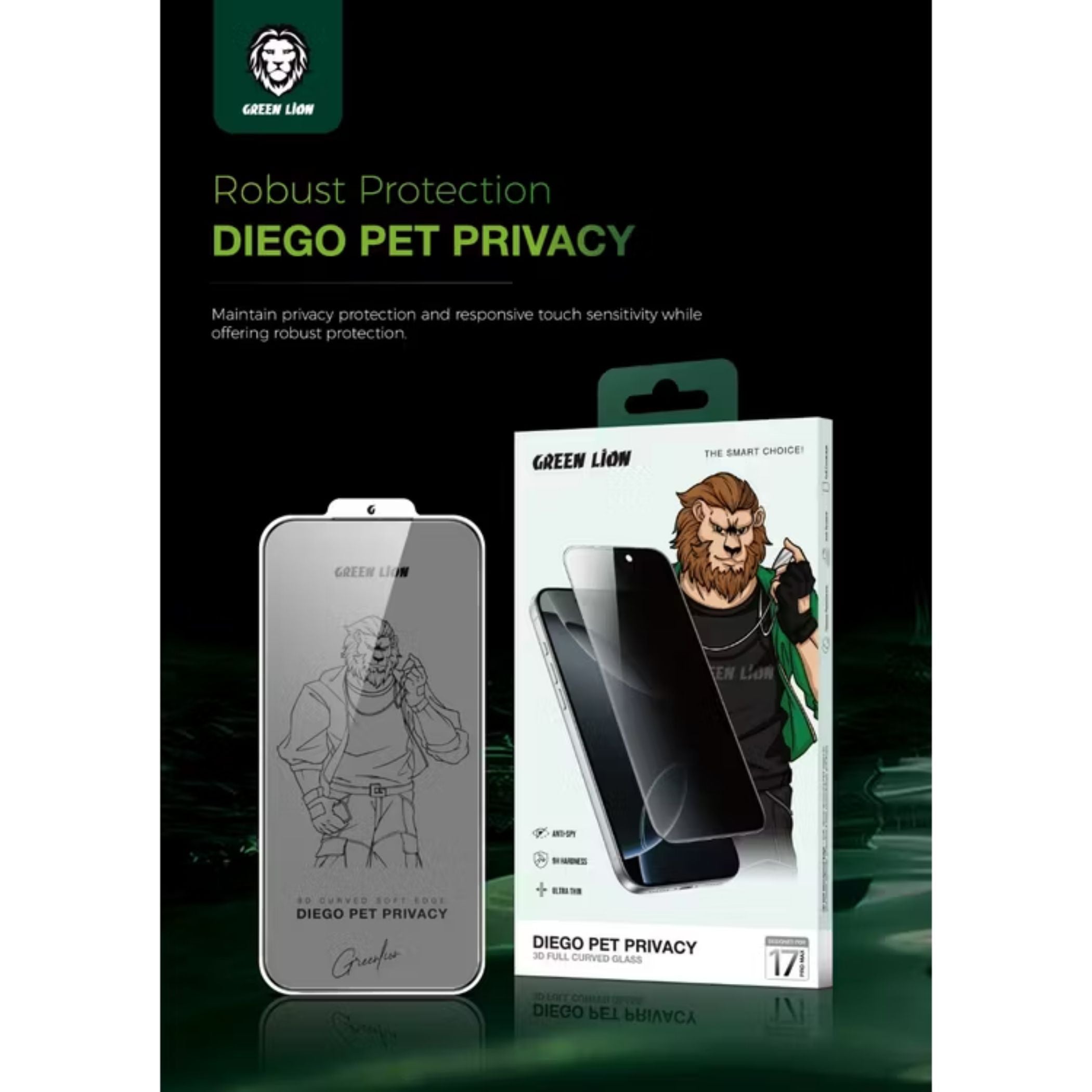 Green Lion Diego Pet Privacy 3D Full Curved Glass for iPhone 17 Pro Max, Anti-Broken Soft Edge, 9H Item Hardness, Crystal Clear, Privacy Protection, Anti-Fingerprint, Anti-Scratch, Oleophobic Coating, Air Bubble Prevention, Ultra-Thin - Black