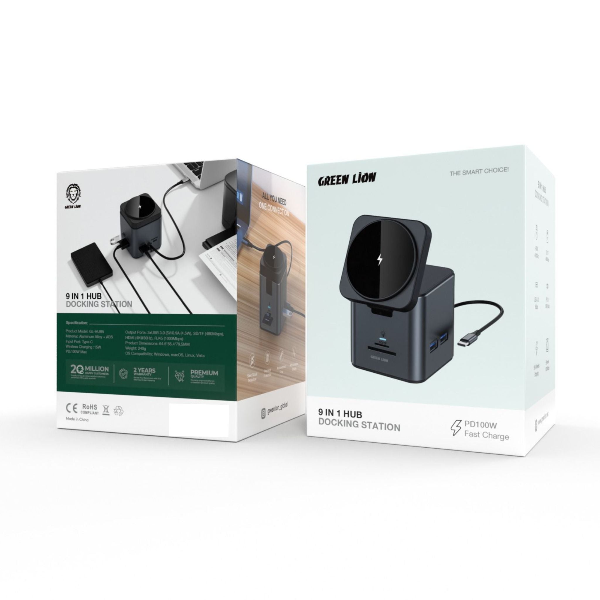 Green Lion 9-in-1 HUB Docking Station with Short Circuit Protection, 3x USB 3.0 Output Ports, Anti-backflow Design, Anti-overload Fuse, Over-heat Protection, 15W Wireless Charging, PD 100W, Type-C Input Port - Black