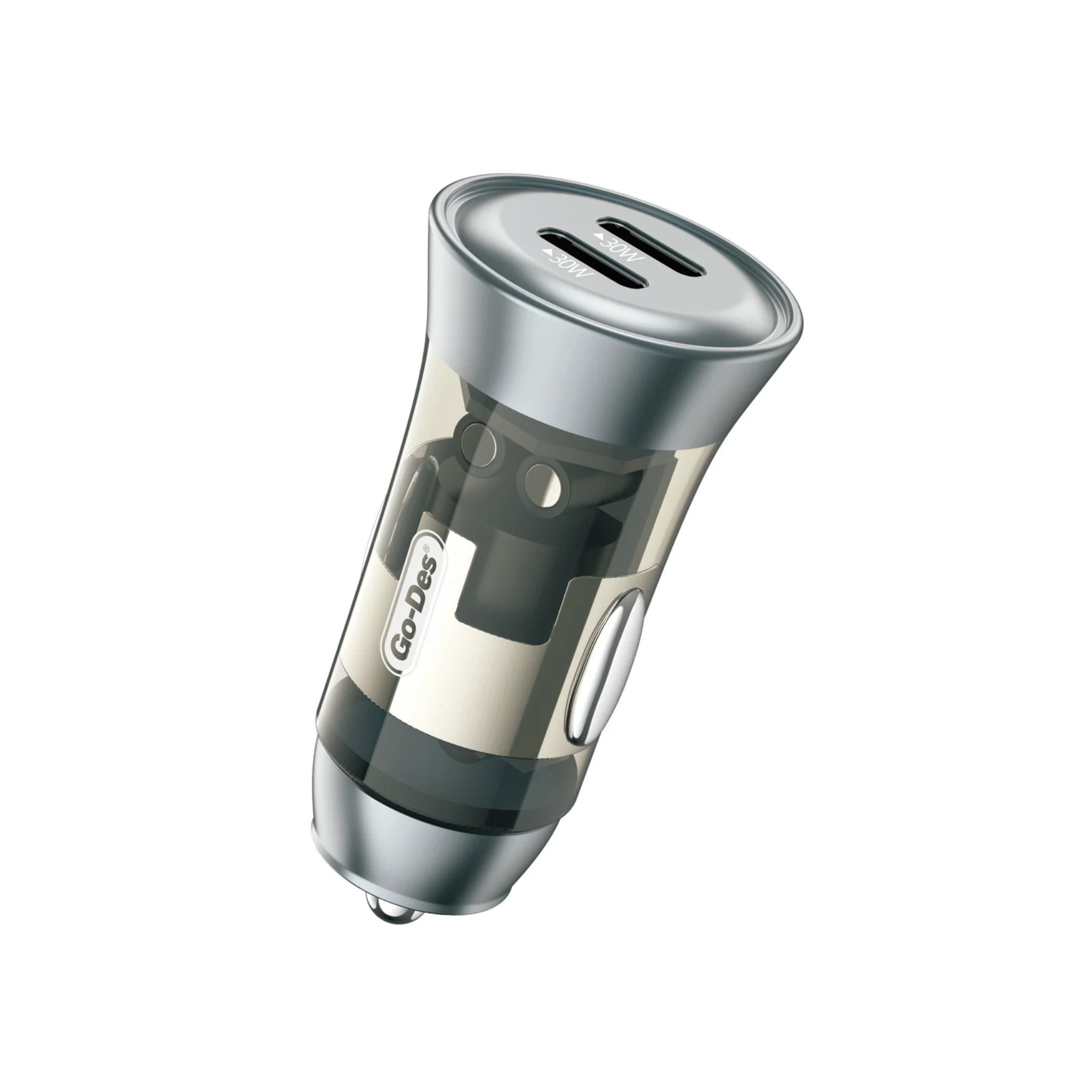 Car charger with 'GoDek' branding on a white background