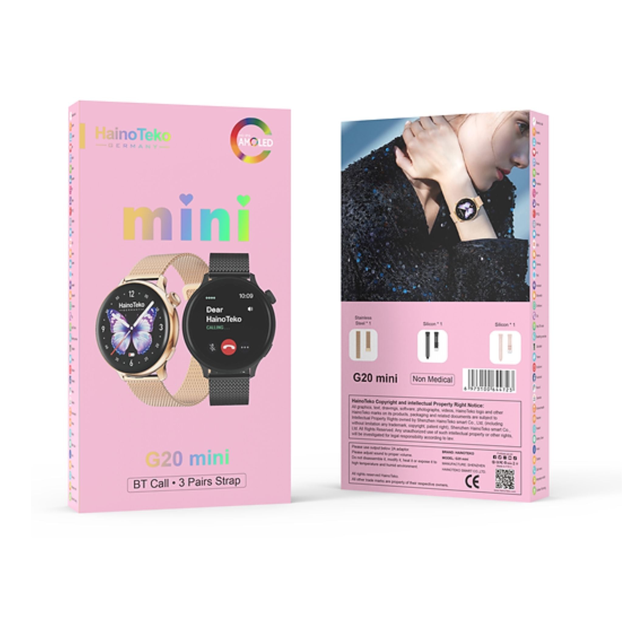 Haino Teko G20 Mini Smart Watch with AMOLED Display, Bluetooth Calling, 3 Interchangeable Straps, Long Battery Life & Fitness Tracking Features, Lightweight Daily Activity Watch Designed for Women – Gold