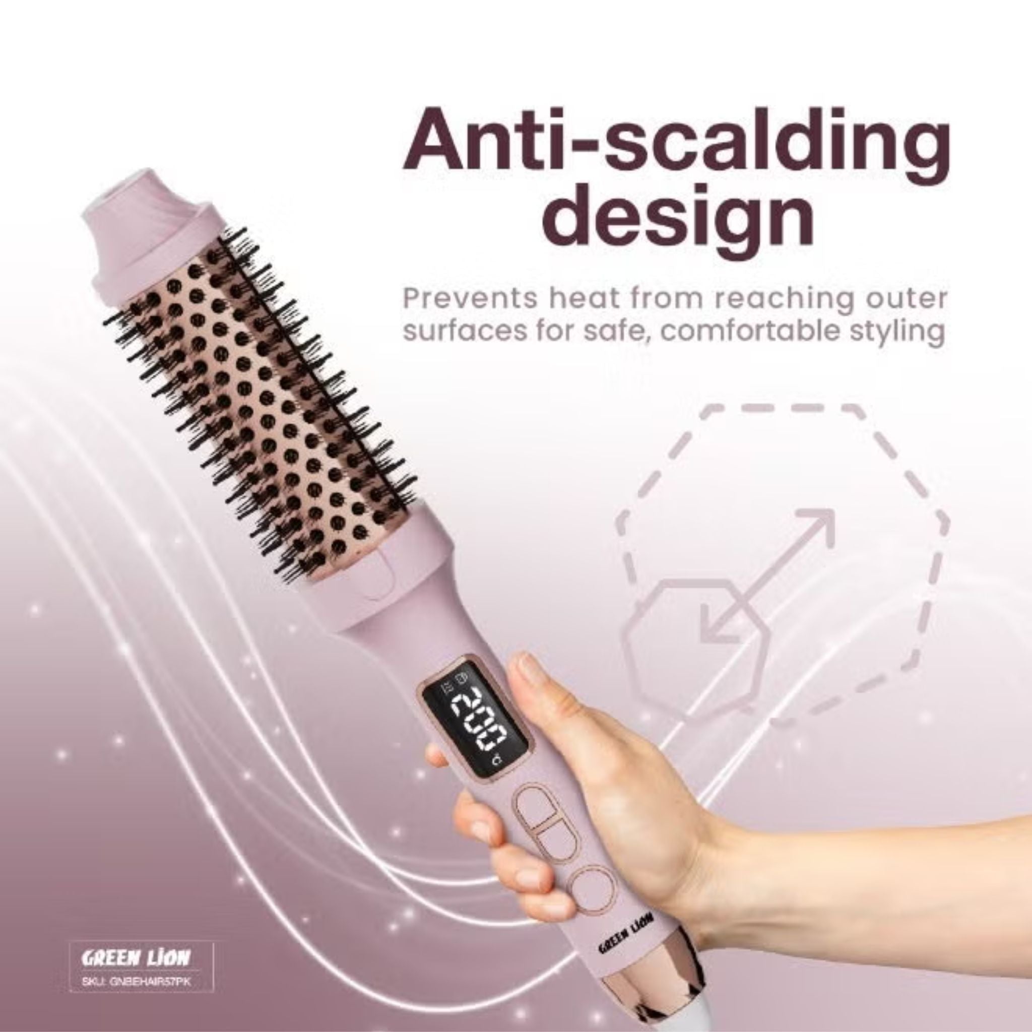 GREEN LION BELLA Hair Styling Brush, Hair Curl Brush, Hair Straightening Brush, 30Sec Fast Heating, Anti Scalding Design, 60min Auto Off, Ergonomic Design - Pink