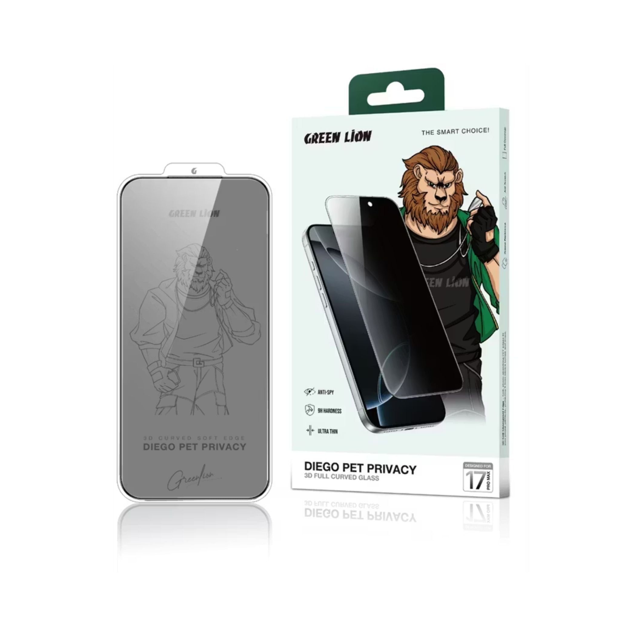 Green Lion Diego Pet Privacy 3D Full Curved Glass for iPhone 17 Pro Max, Anti-Broken Soft Edge, 9H Item Hardness, Crystal Clear, Privacy Protection, Anti-Fingerprint, Anti-Scratch, Oleophobic Coating, Air Bubble Prevention, Ultra-Thin - Black