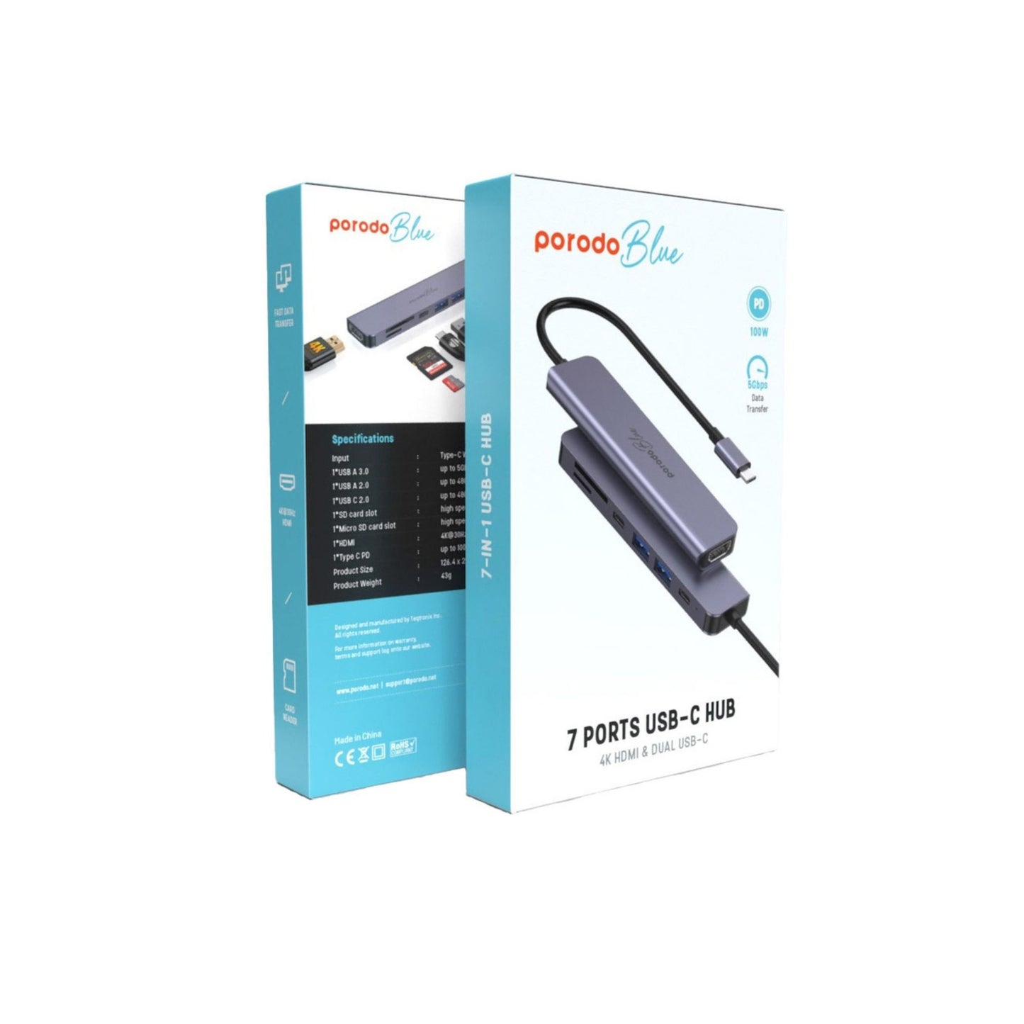 Porodo Blue 7in1 Hub HDMI 2XUSB-A 2XUSB-C SD MicroSD_Grey