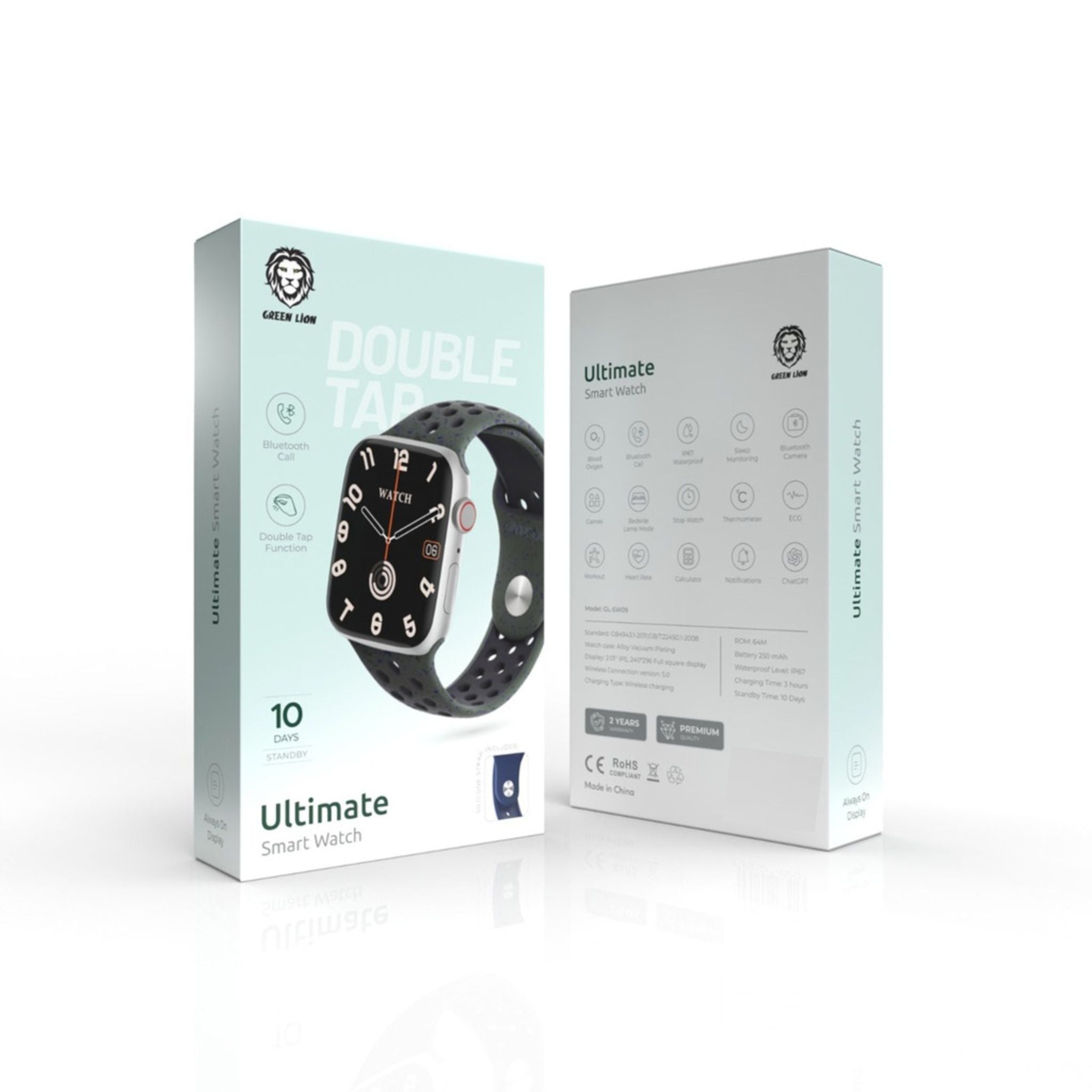 Green Lion Ultimate Smart Watch with Bedside Lamp Mode, Heart Rate & Sleep Monitoring, 2.01" Screen, 10 Days Standby Time, ChatGPT Support, Double Tap Function - Silver