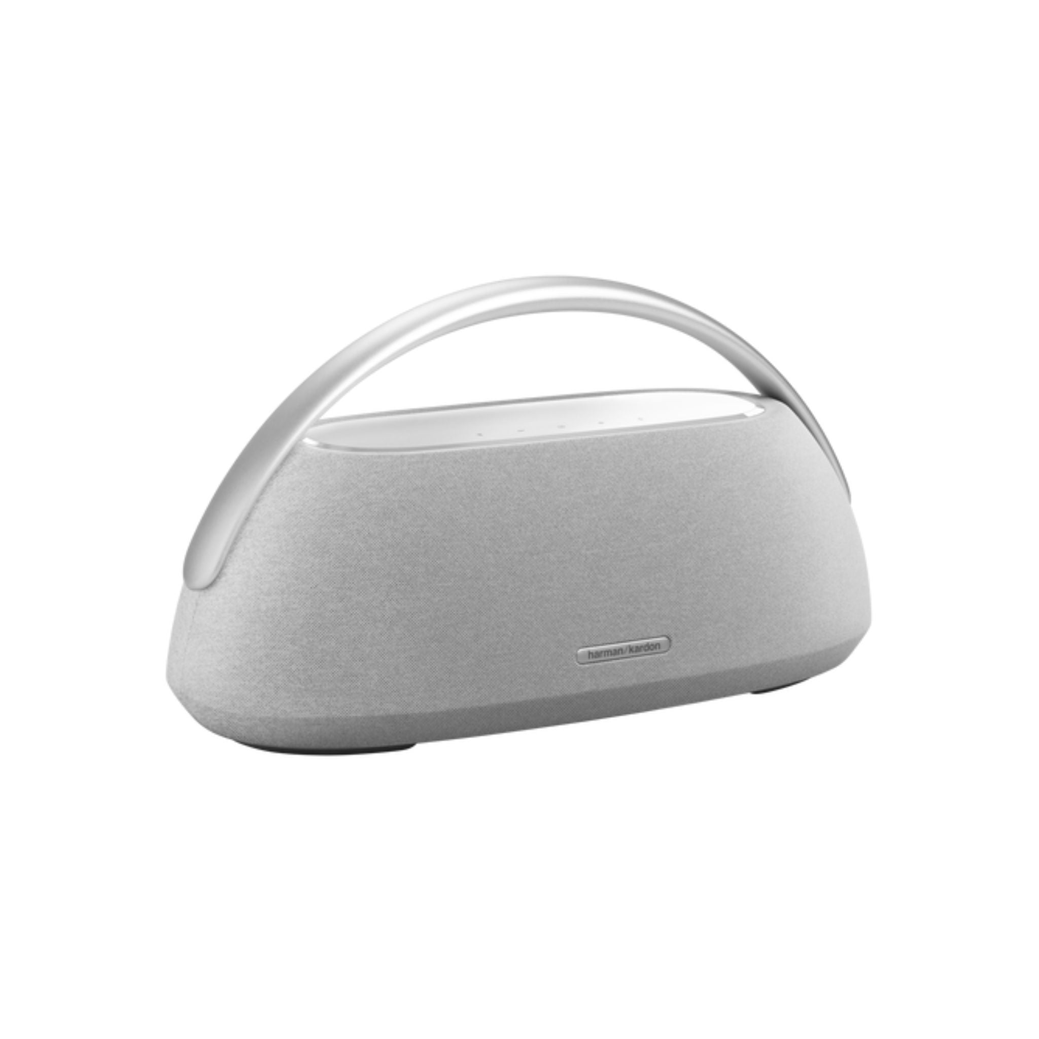 Portable speaker with a handle on a white background