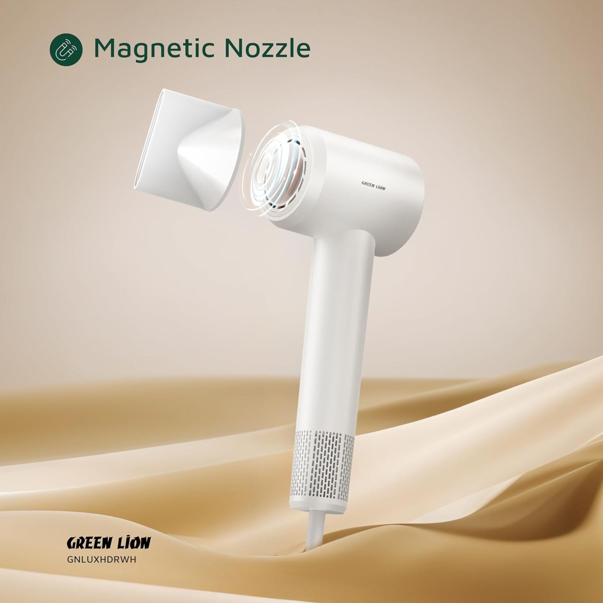 Green Lion LUXAIR Hair Dryer, 1600W BLDC Motor, Digital Display, Hot & Cold Air Alternating Mode, 3 Heat Settings, 2 Wind Speeds, Low Noise 68dB, Durable PC+ABS Body with Copper Heating Element, 1.8m UK Plug – White