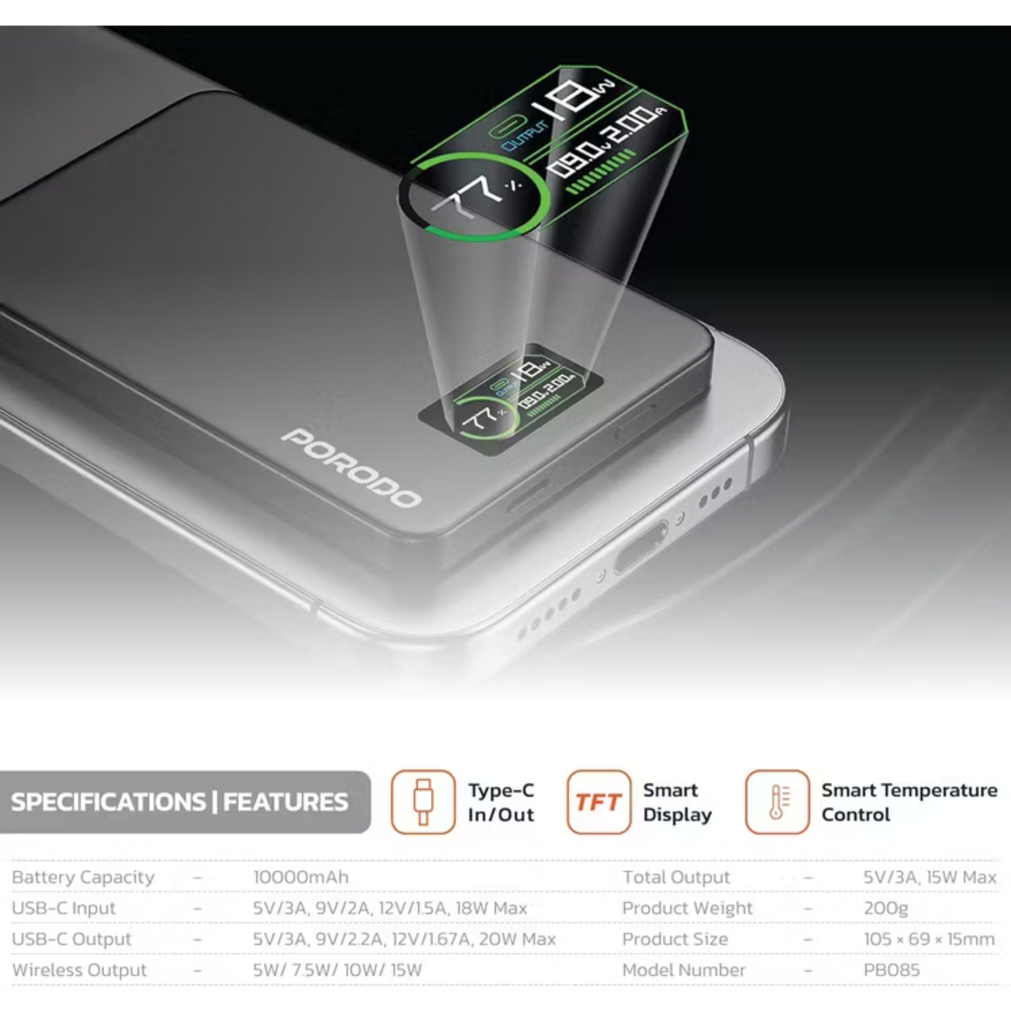 Porodo 10000mAh Power Bank with Real-Time TFT Smart Display, Type-C Input & Output, 20W PD Fast Charging, 15W Wireless Charging, Compatible with MagSafe, Smart Temperature Control - Dark Gray