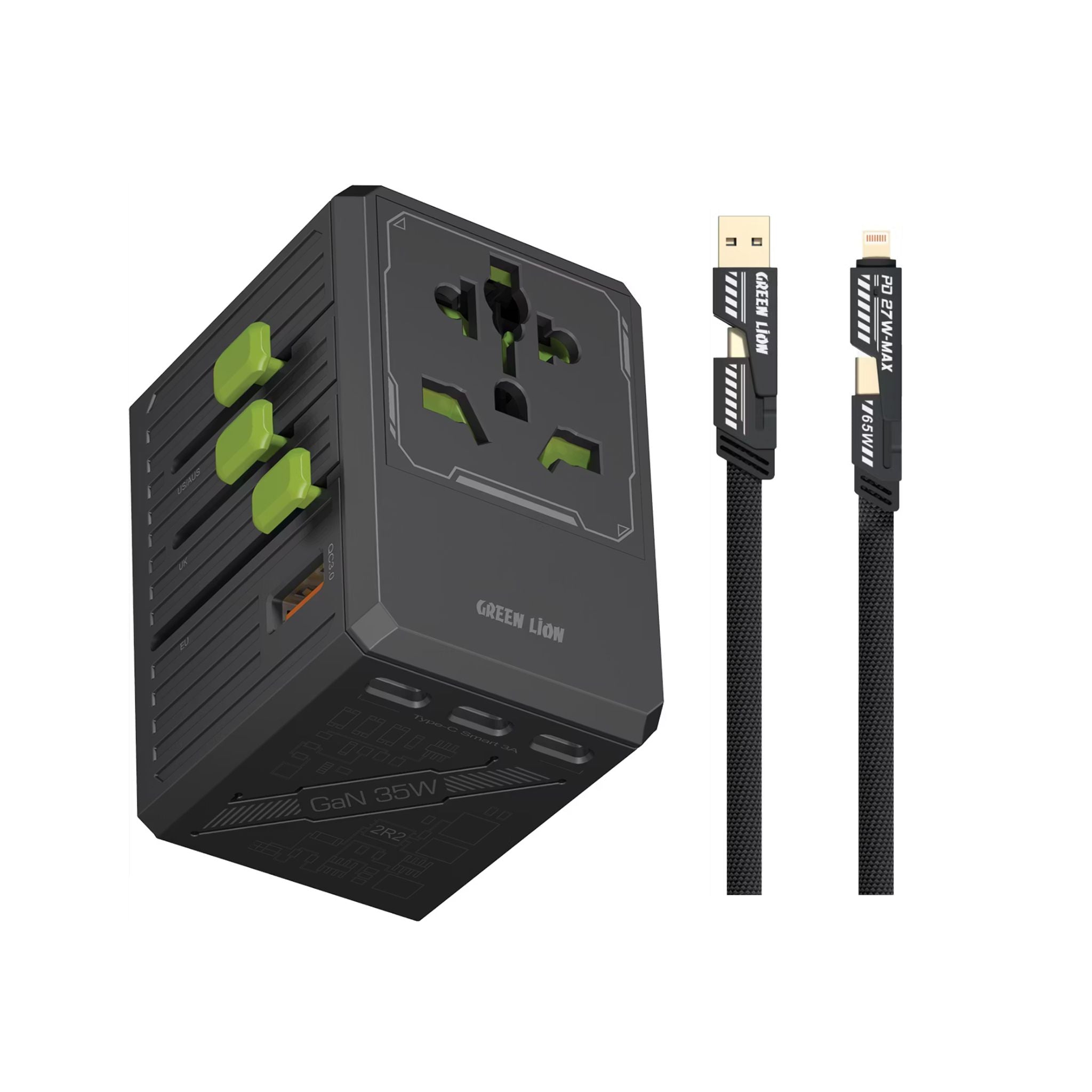 Green Lion GaN Adapter 6-in-1 & 2-in-2 Cable, PC Flame Retardant & Copper Material, PD 35W Fast Charging, Universal AC Sockets - Black
