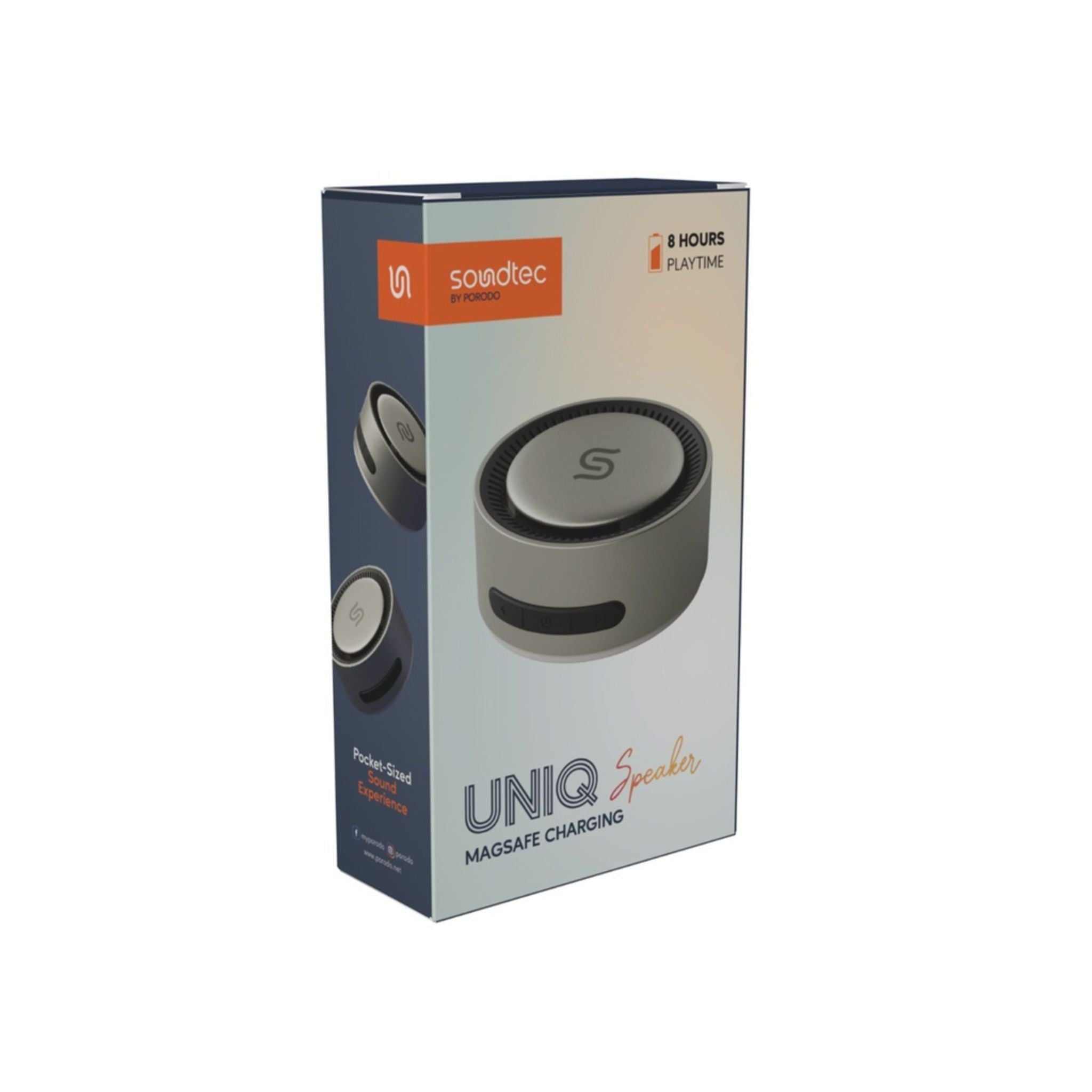Porodo Soundtec Uniq Speaker with MagSafe Compatibility, Up to 8 Hours Play Time, 220mAh Battery Capacity, 10m Transmission Range, 16 PCS Built-in Magnet, Control Buttons, Ultra-Compact Design - Titanium