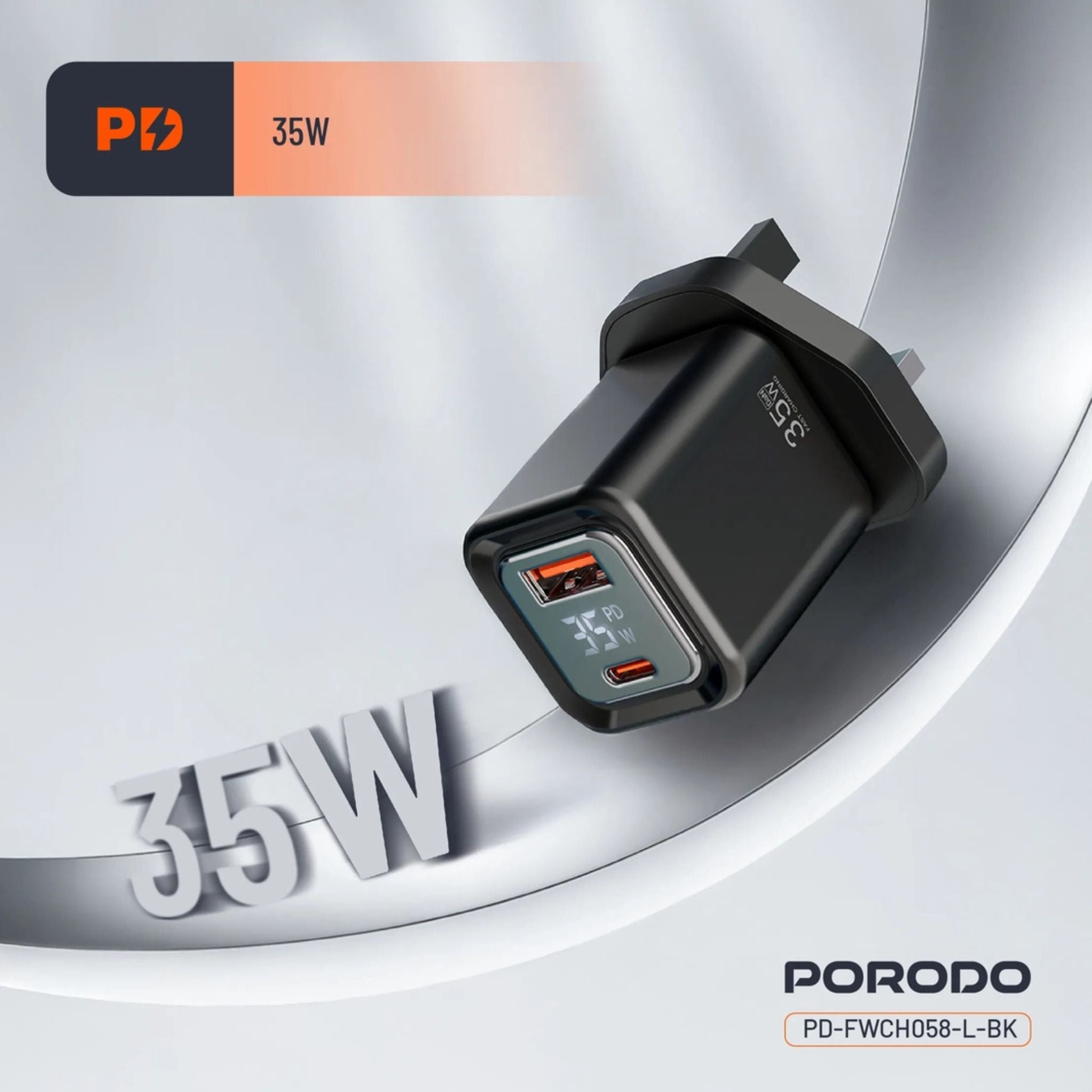 Porodo PD35W GaN Fast Charger with LCD Display, USB-C PD 35W Output, UK Plug, Includes Lightning Transparent Cable for iPhone & iPad, High-Speed Power Adapter – Black