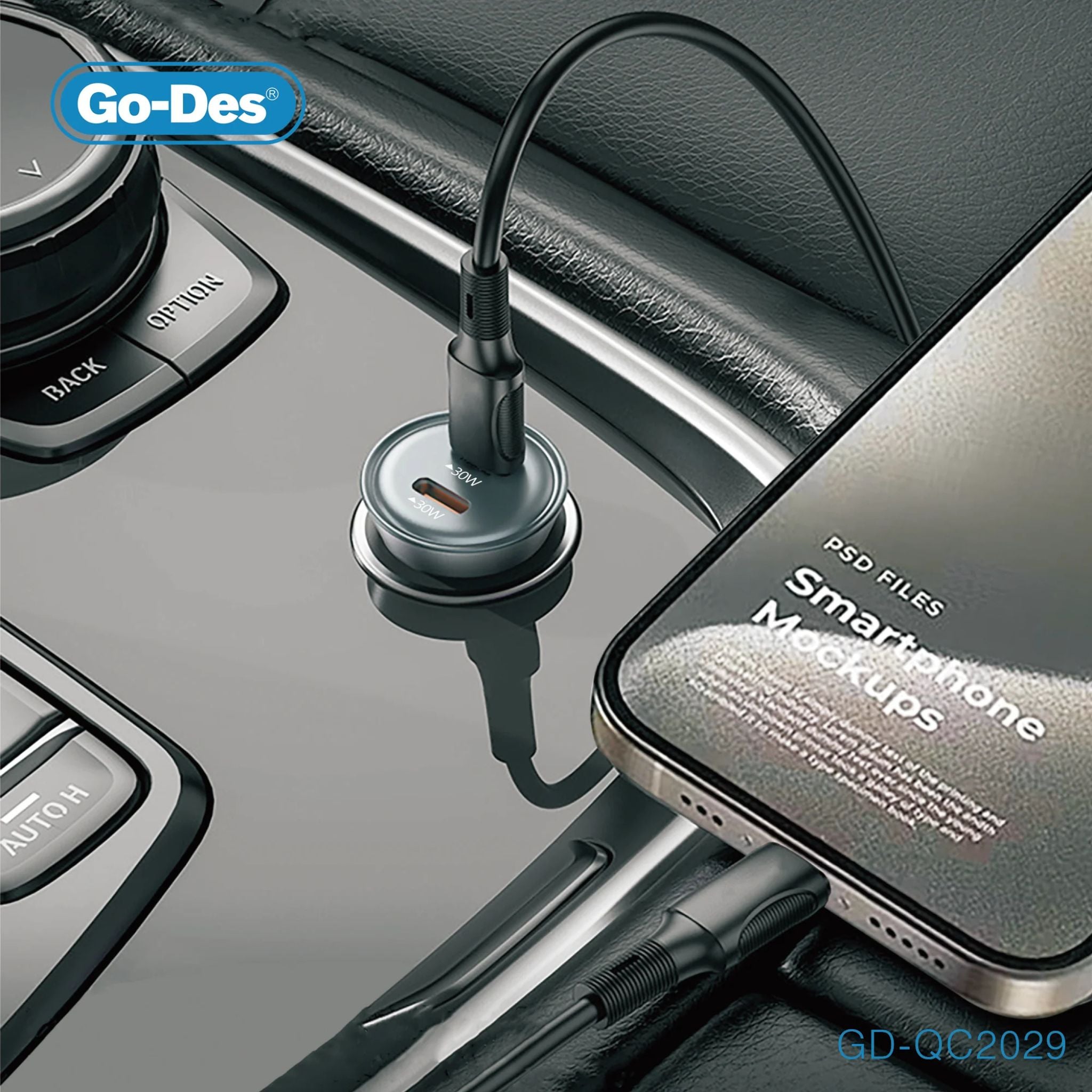 Go-Des Dual USB-C 60W Fast Car Charger Metal Adapter with Smart Power Distribution and Transparent Shell