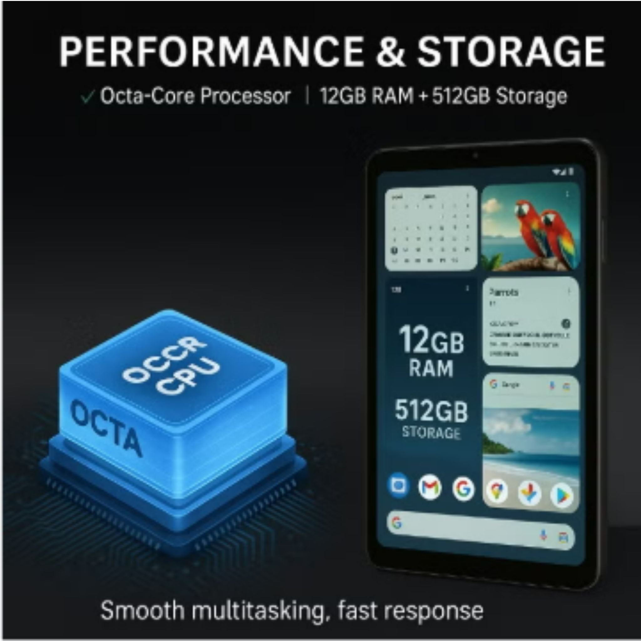 Oteeto TAB 19 – 10.1-Inch Android 14 Tablet PC, 12GB RAM, 512GB ROM, Octa-Core, 13MP + 8MP Camera, 8000mAh, WiFi + Dual SIM – Gray