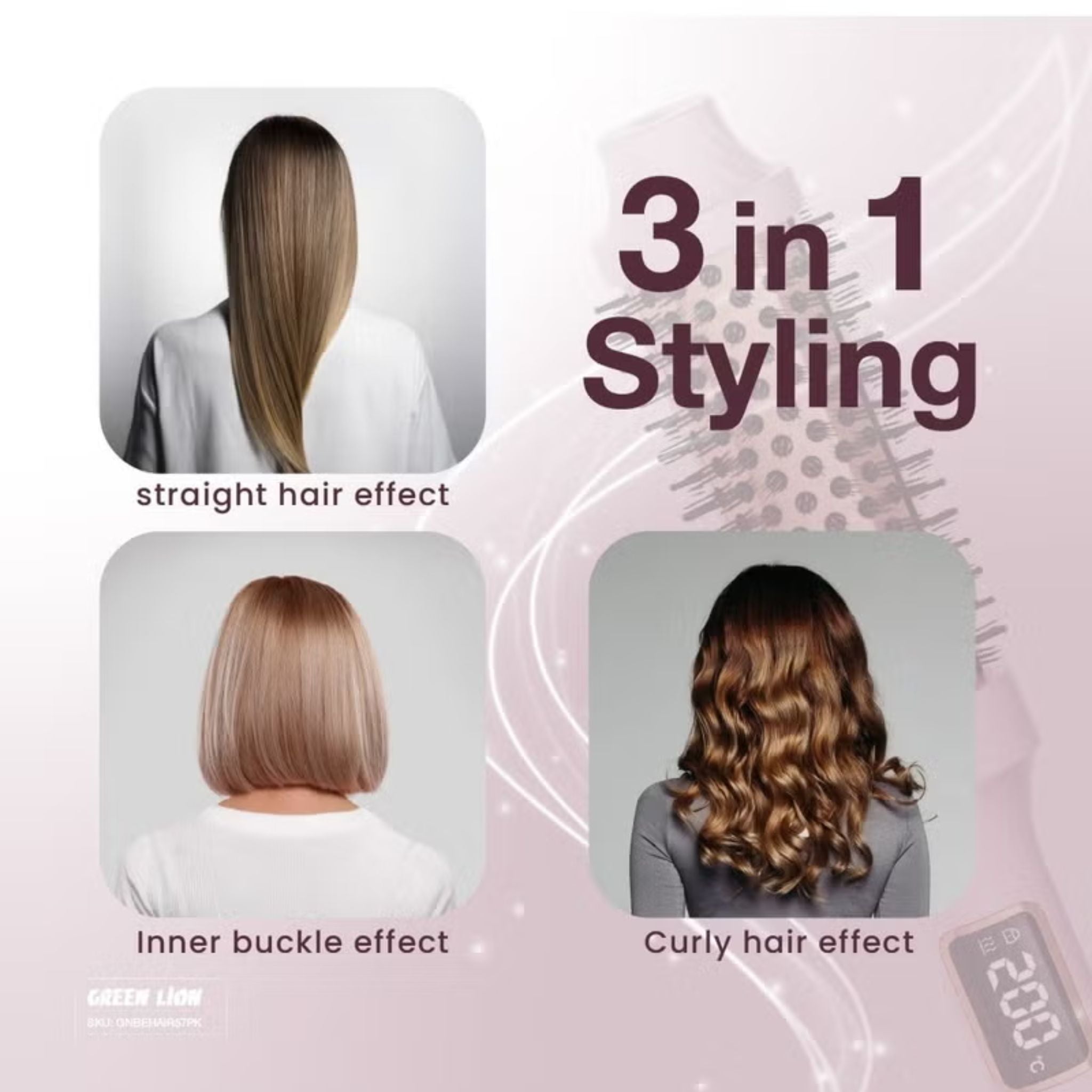 GREEN LION BELLA Hair Styling Brush, Hair Curl Brush, Hair Straightening Brush, 30Sec Fast Heating, Anti Scalding Design, 60min Auto Off, Ergonomic Design - Pink