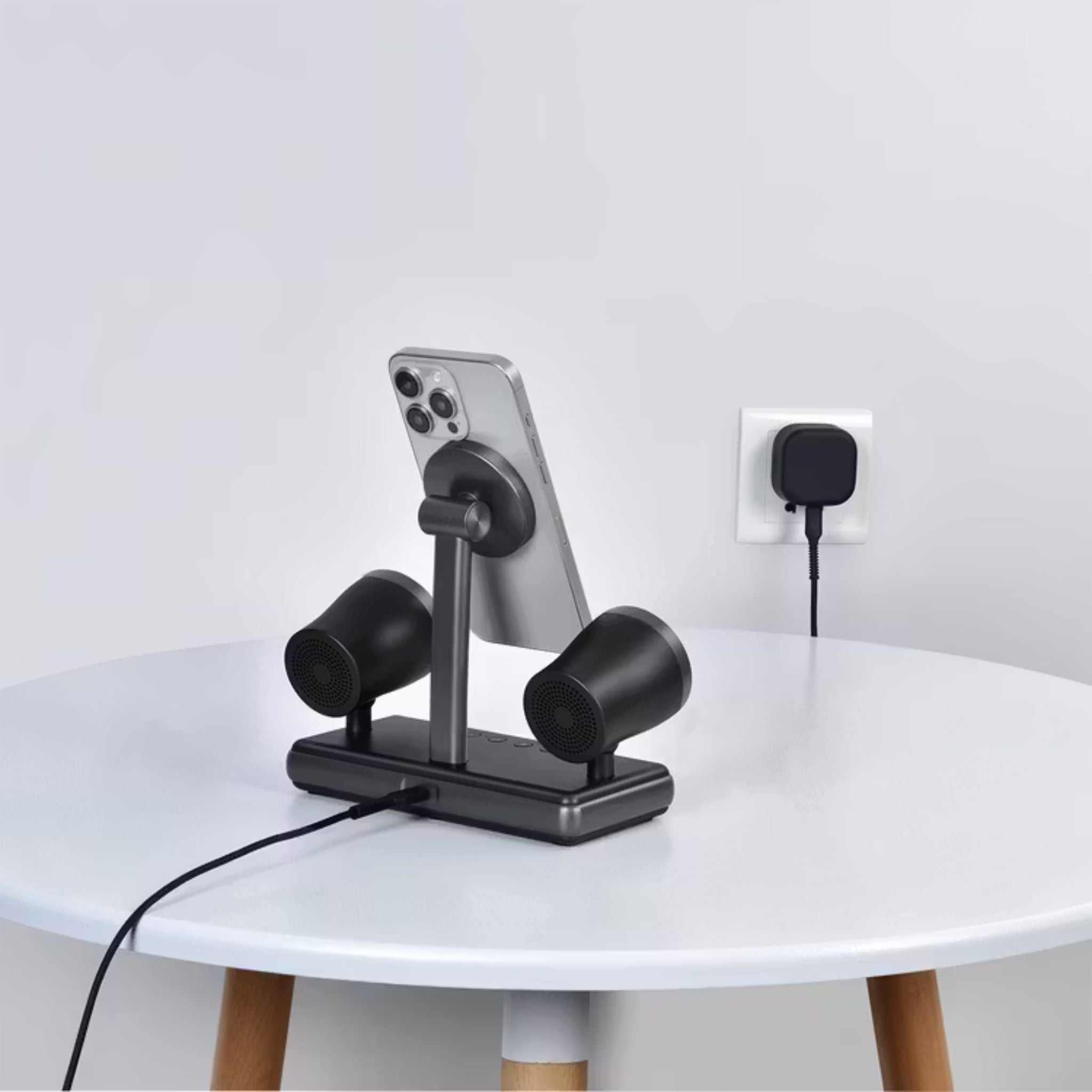 Porodo Speaker Charging Dock with Qi2 Wireless Charging, Compatible with iPhone 12 to 16 Series, 16W Dual Speakers, Built-in Safeguards, HiFi Audio - Black