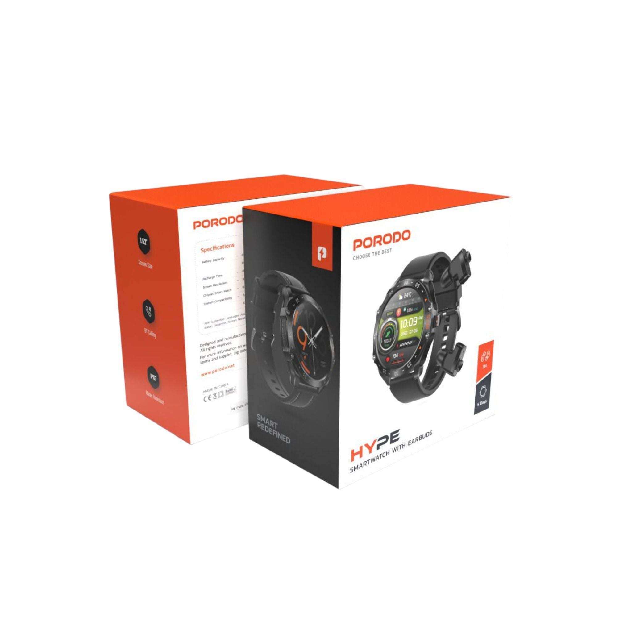 Porodo Hype Smart Watch with Wireless Earbuds and Black Leather Band, Compatible with Android 5.0, iOS 10.0 and Above
