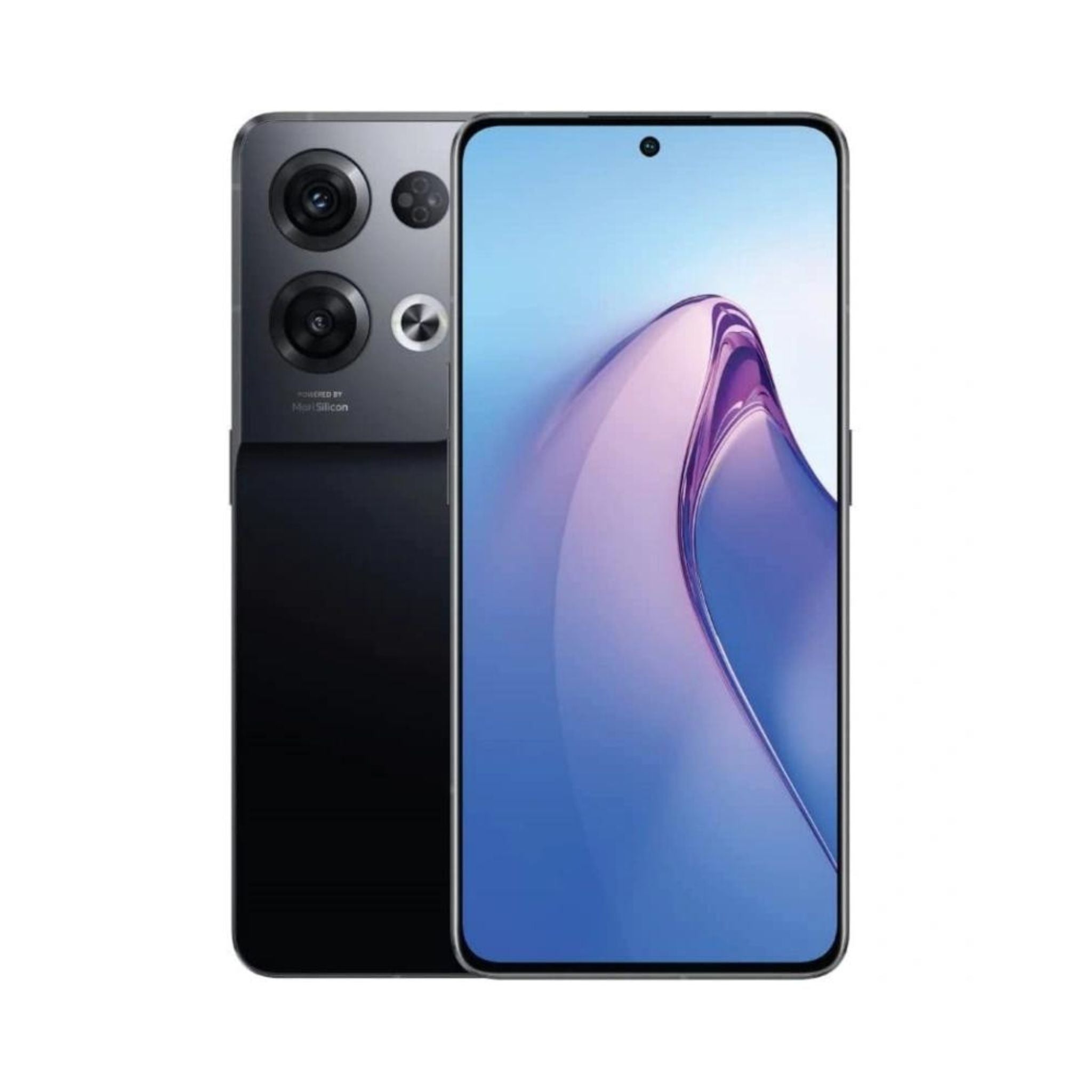 OPPO Reno8 Pro smartphone in Glazed Black, showing the front screen and rear camera setup.