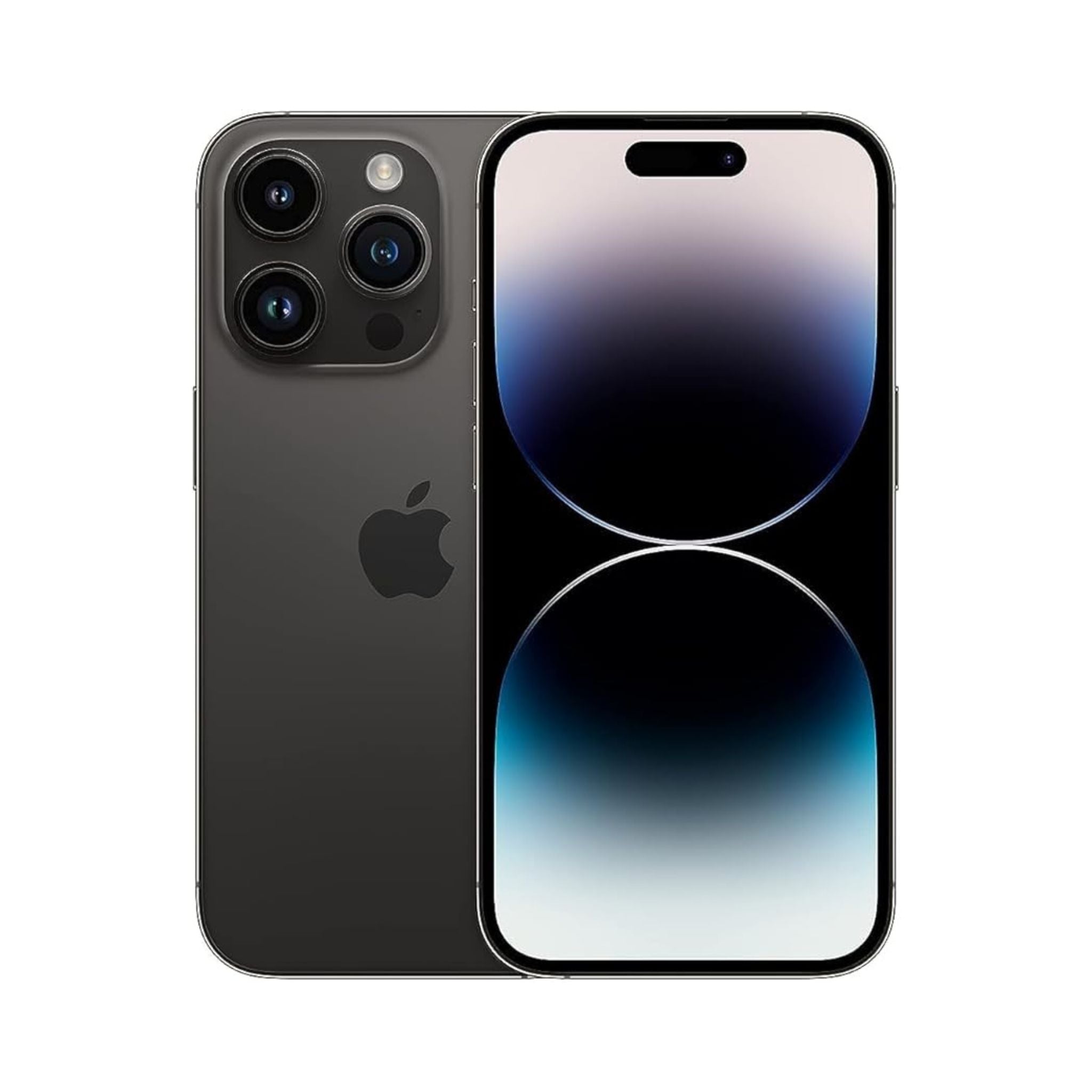 An Apple iPhone 14 Pro Max in black color, showing the back with the camera setup and the front screen.