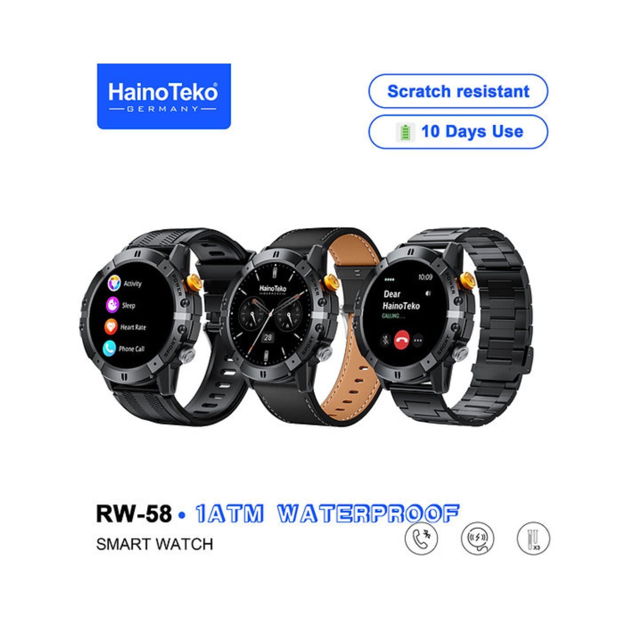 Haino Teko RW-58 Waterproof Smartwatch With Largescreen AMOLED Display 3 Interchangeable Straps and Charging Cable Designed for Men -Black
