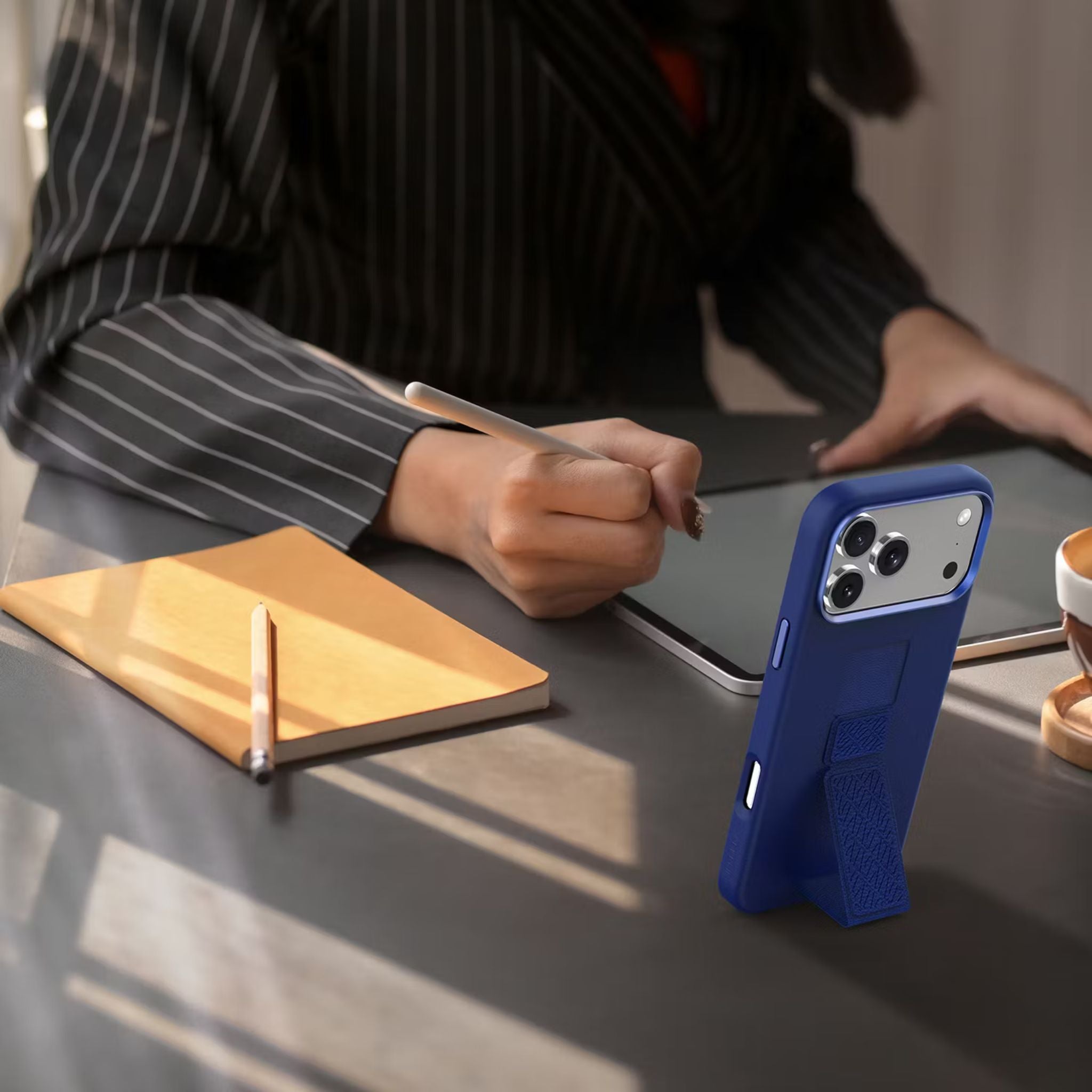 Levelo Morphix Silicone GripStand Case for iPhone 17 Pro, Hands-Free Viewing, True Microfiber Interior Lining, Horizontal & Vertical Stand, Shock-Resistant Bumper, Raised Bezels for Camera & Screen, Slim Fit Design - Dark Blue