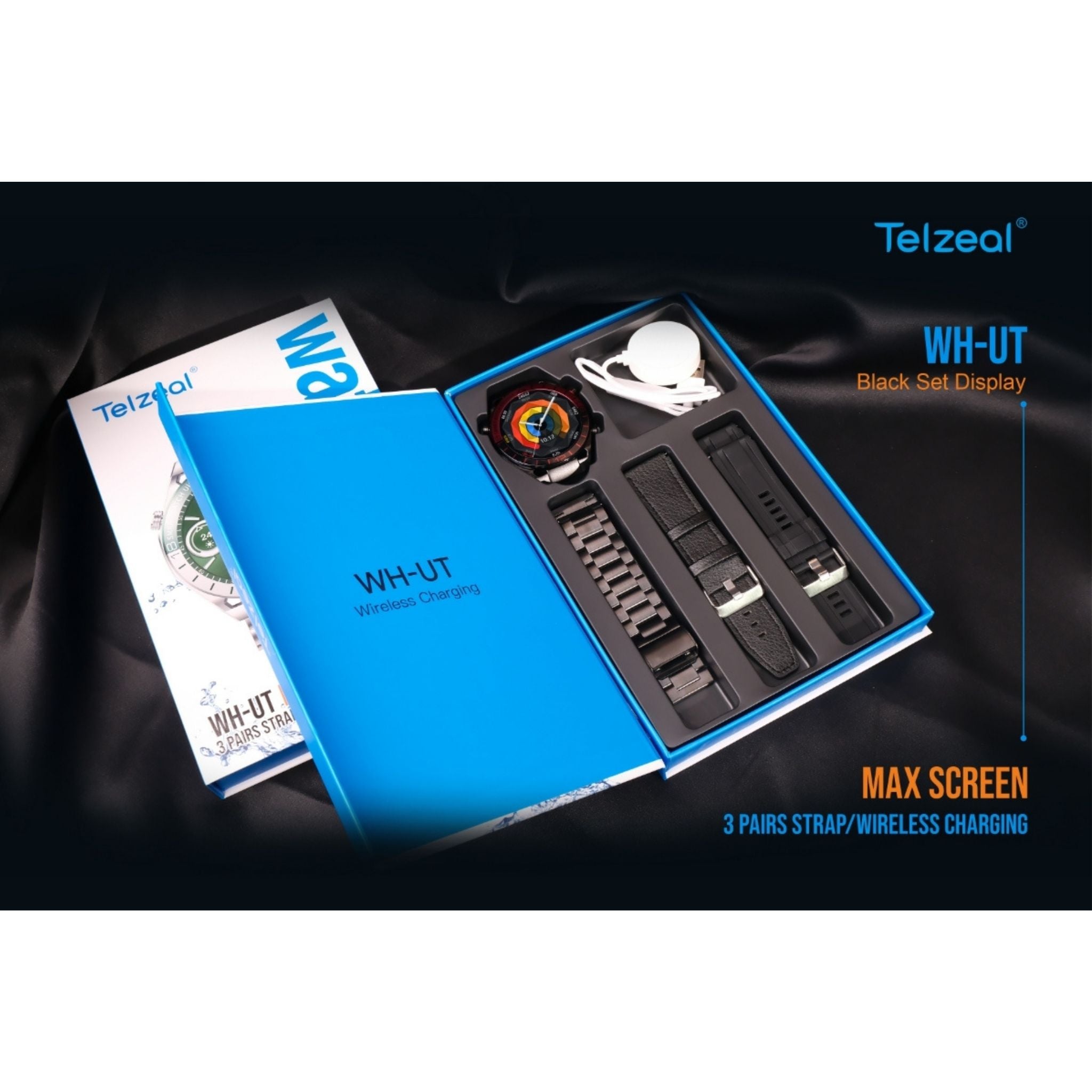 Telzeal WH-UT Smartwatch with Waterproof Max Screen Wireless Charging and 3 Pair Straps,Designed for Men- Black