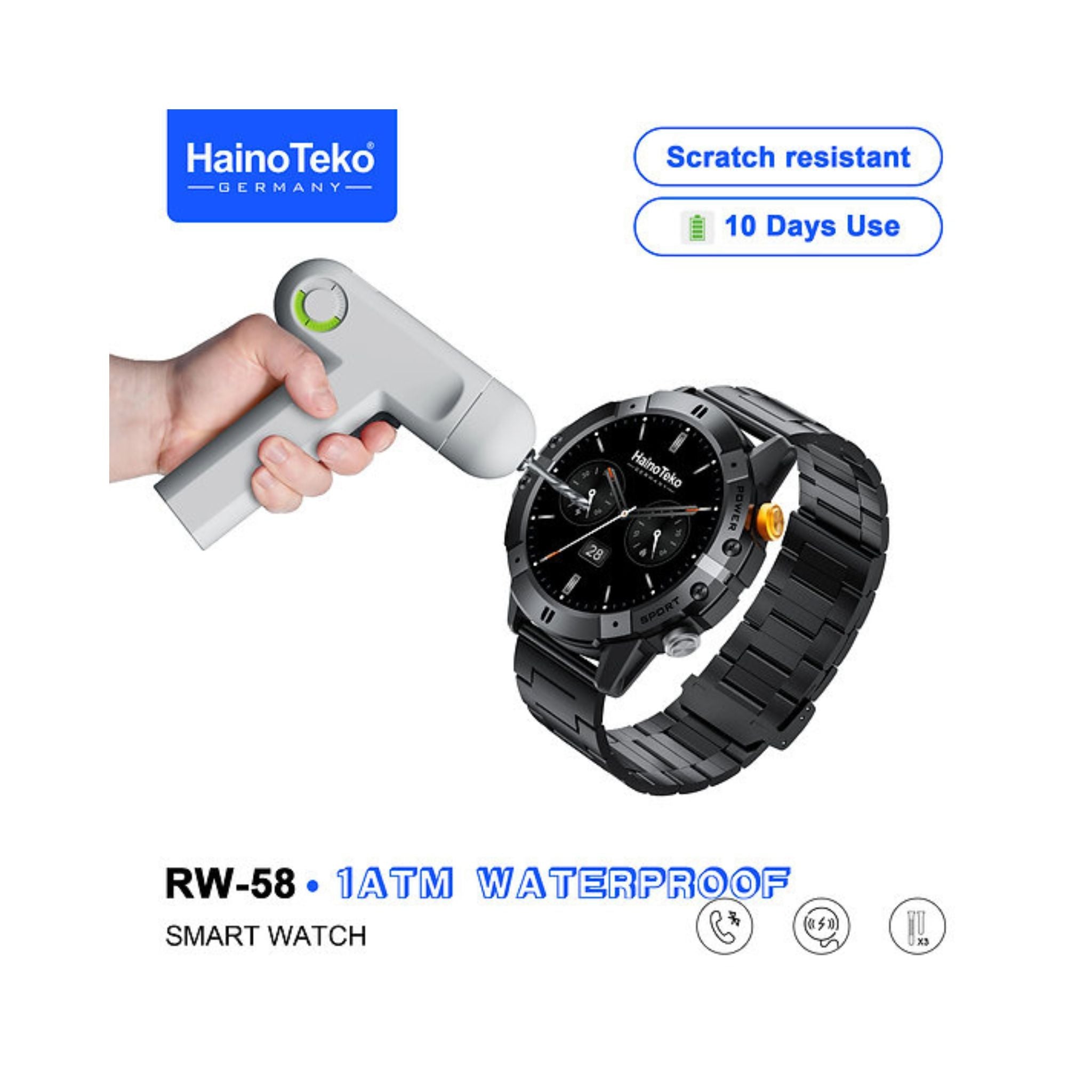 Haino Teko RW-58 Waterproof Smartwatch With Largescreen AMOLED Display 3 Interchangeable Straps and Charging Cable Designed for Men -Black