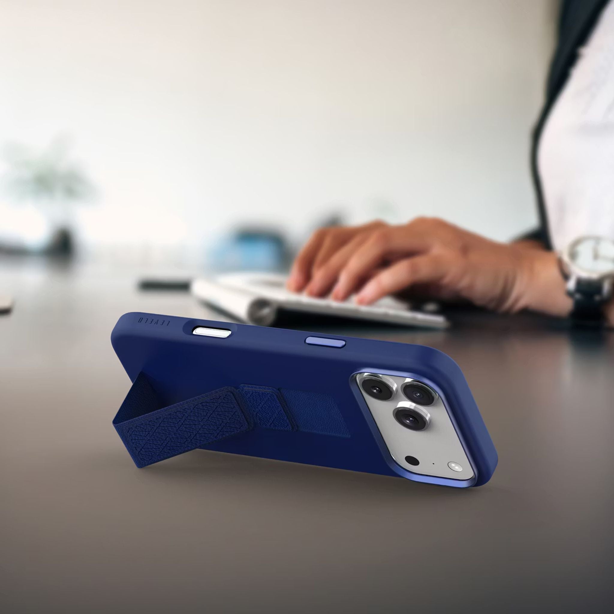 Levelo Morphix Silicone GripStand Case for iPhone 17 Pro Max, Hands-Free Viewing, True Microfiber Interior Lining, Horizontal & Vertical Stand, Shock-Resistant Bumper, Raised Bezels for Camera & Screen, Slim Fit Design - Dark Blue