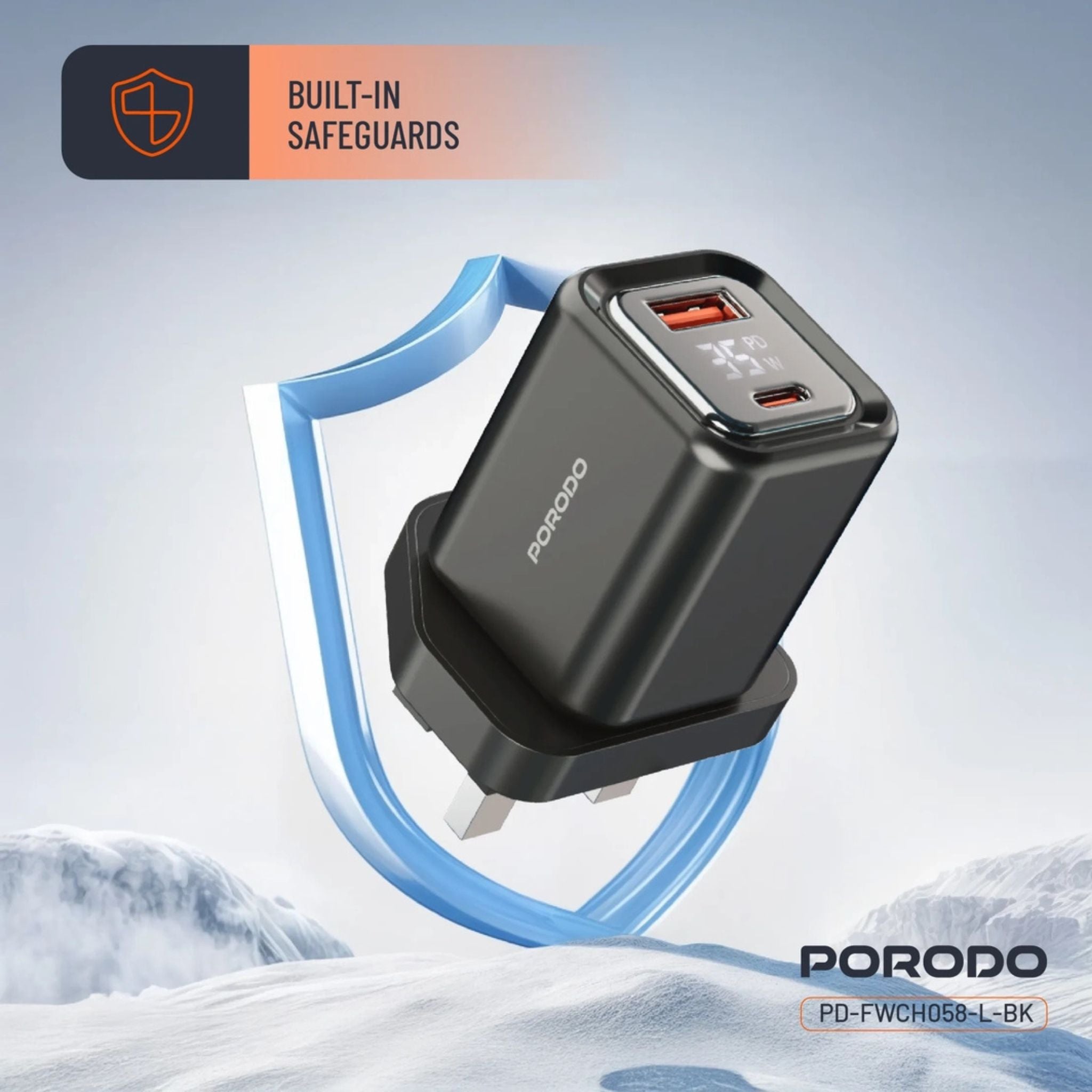 Porodo PD35W GaN Fast Charger with LCD Display, USB-C PD 35W Output, UK Plug, Includes Lightning Transparent Cable for iPhone & iPad, High-Speed Power Adapter – Black