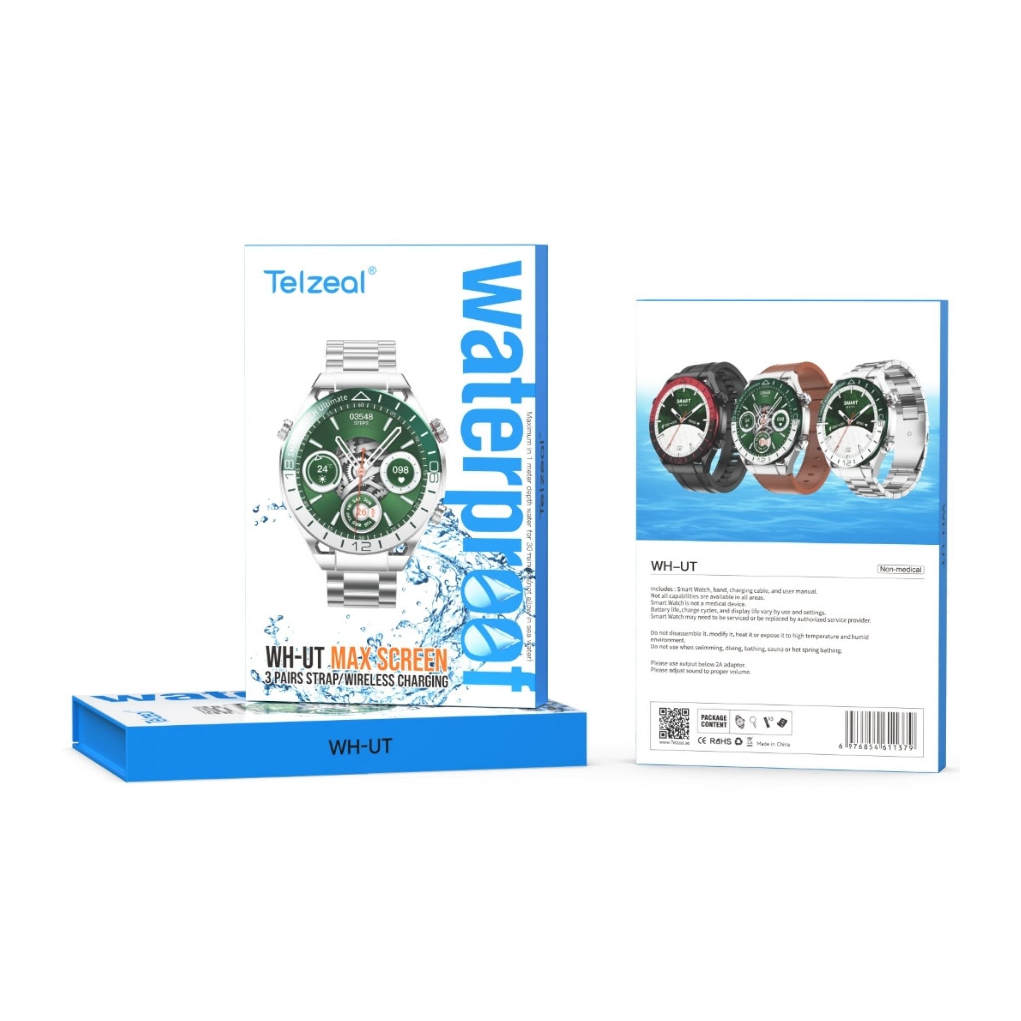 Telzeal WH-UT Smartwatch with Waterproof Max Screen Wireless Charging and 3 Pair Straps,Designed for Men- Black