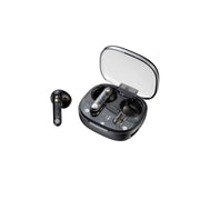 A pair of black wireless earbuds with a charging case open, displaying the earbuds and the charging status.