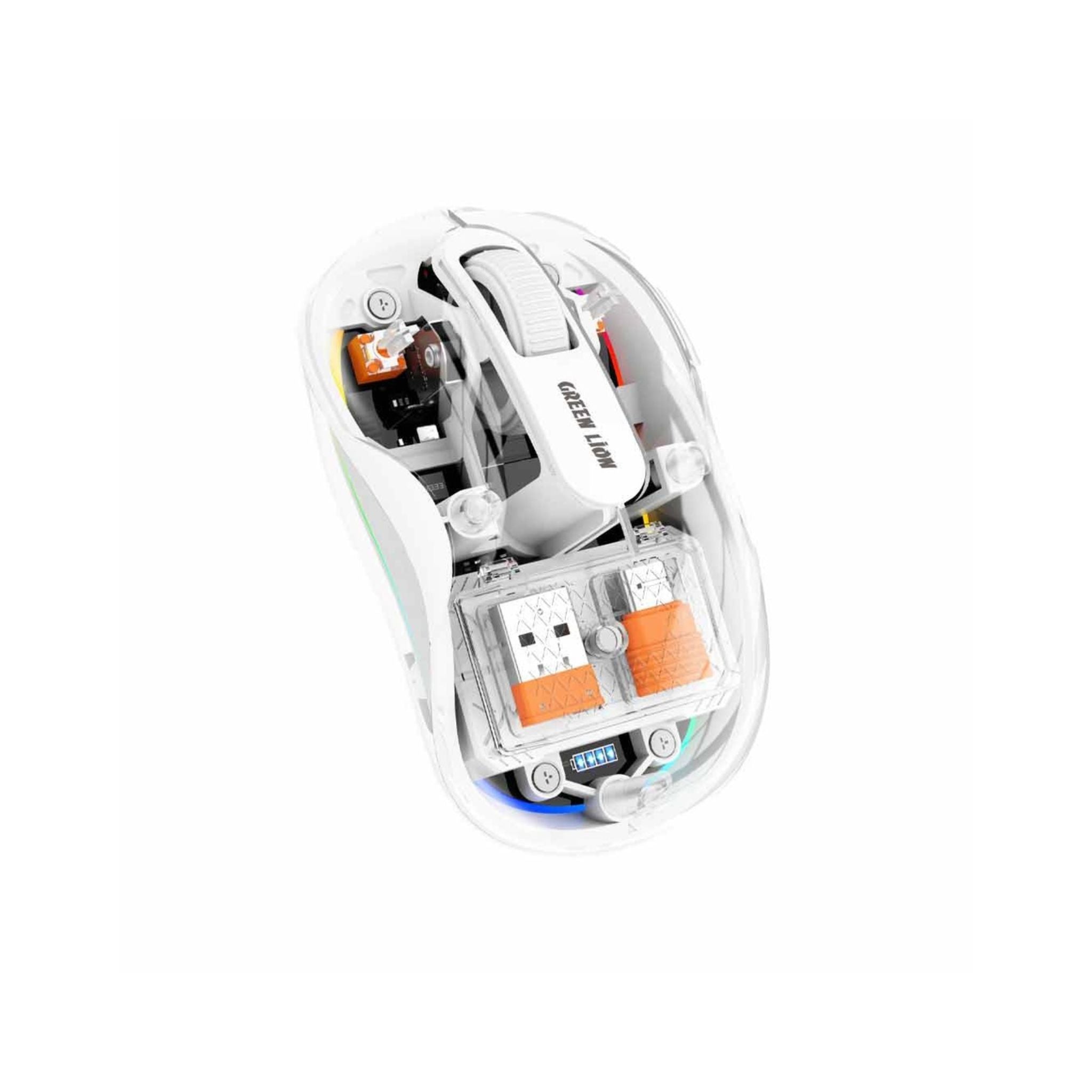 A white wireless turtle-style mouse with transparent shell, showing internal components and a 400mAh battery.