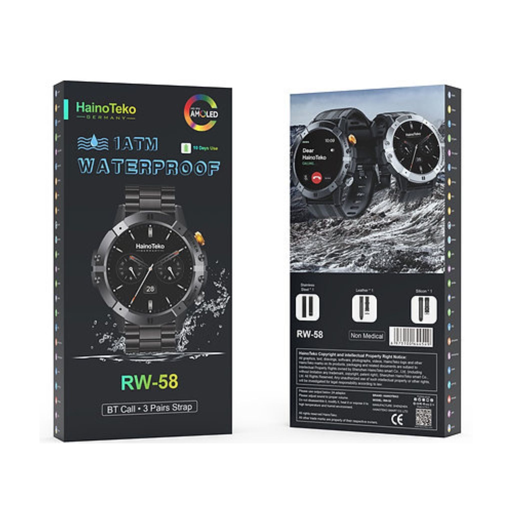 Haino Teko RW-58 Waterproof Smartwatch With Largescreen AMOLED Display 3 Interchangeable Straps and Charging Cable Designed for Men -Black