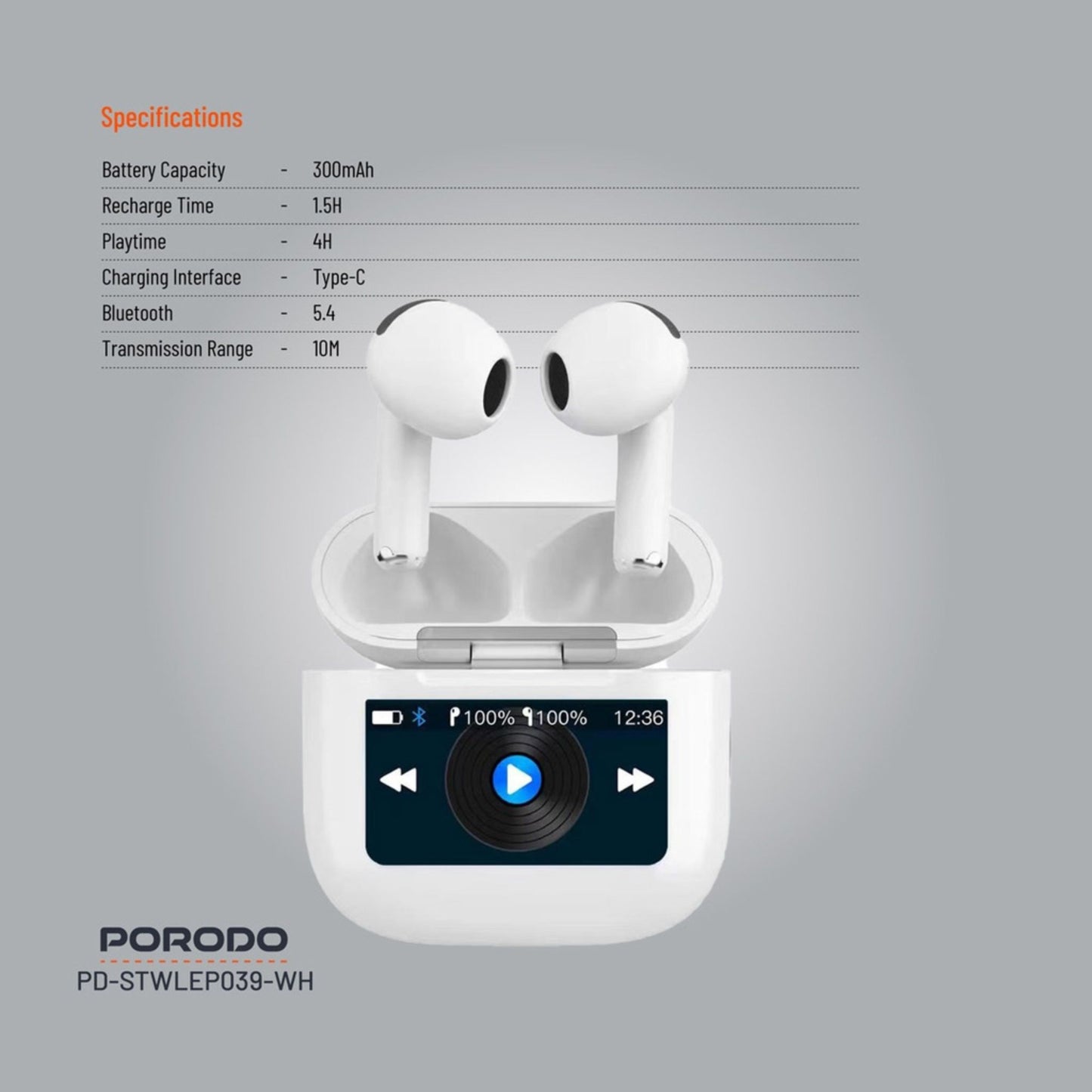 Porodo Soundtec Glimpse Earbuds with Touch Display, TWS, Portable, Bluetooth 5.4, 4 Hours Playtime, 300mAh Battery Capacity, Touch Controls - White