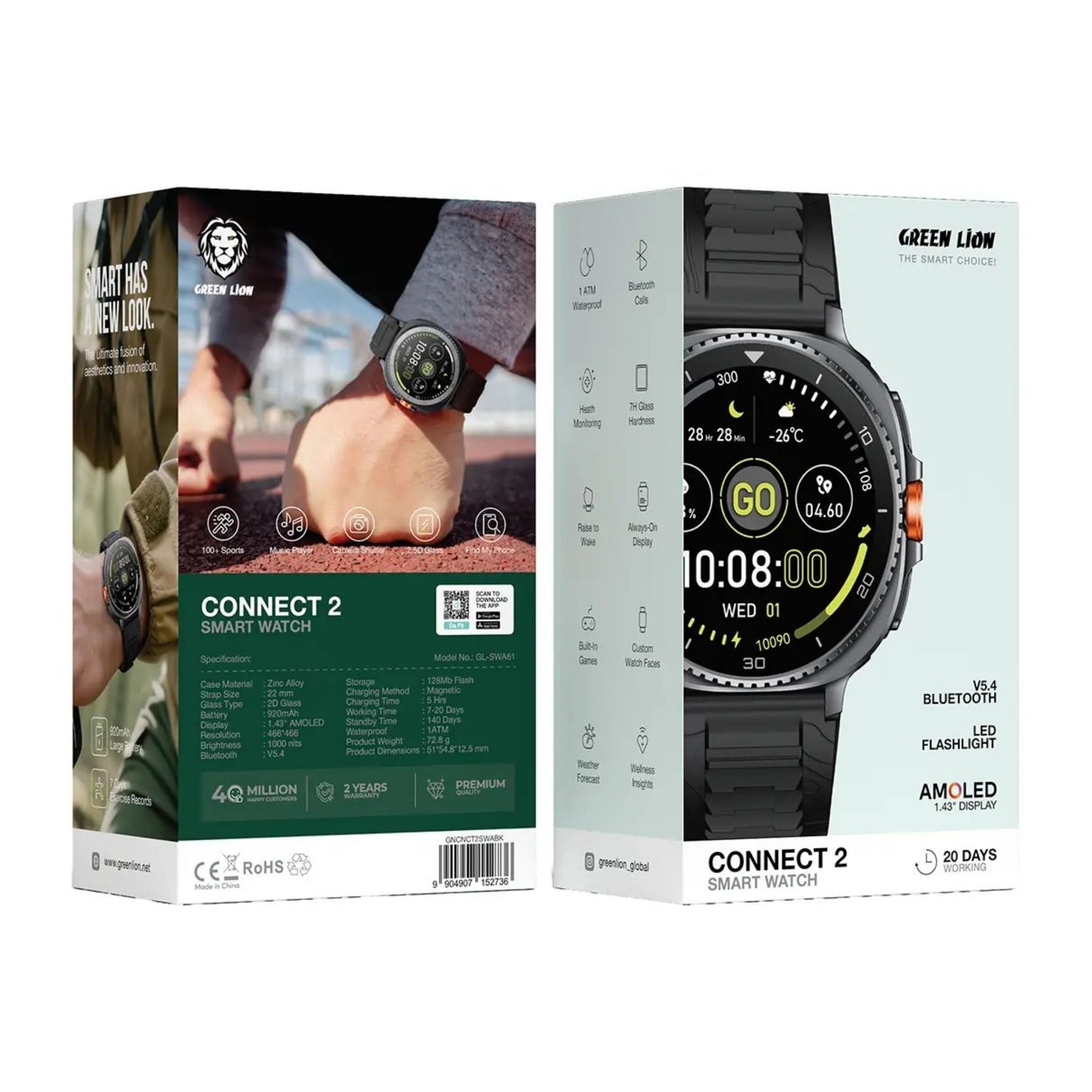 Green Lion Connect2 Smart Watch with 1.43'' AMOLED Display - Black