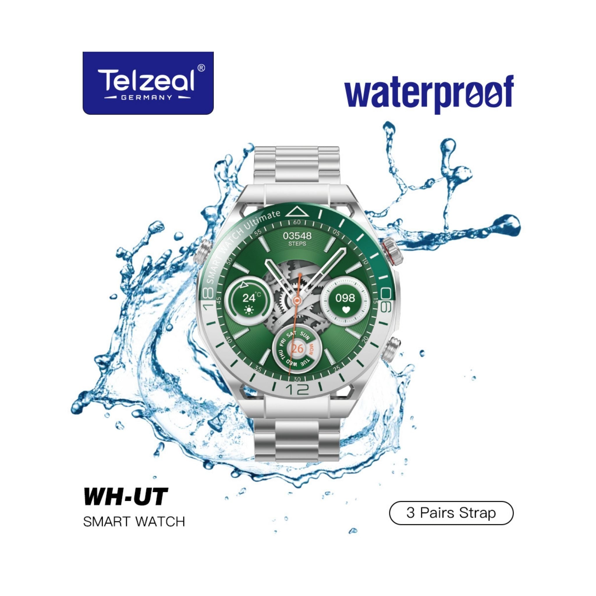 Telzeal WH-UT Smartwatch with Waterproof Max Screen Wireless Charging and 3 Pair Straps,Designed for Men- Silver