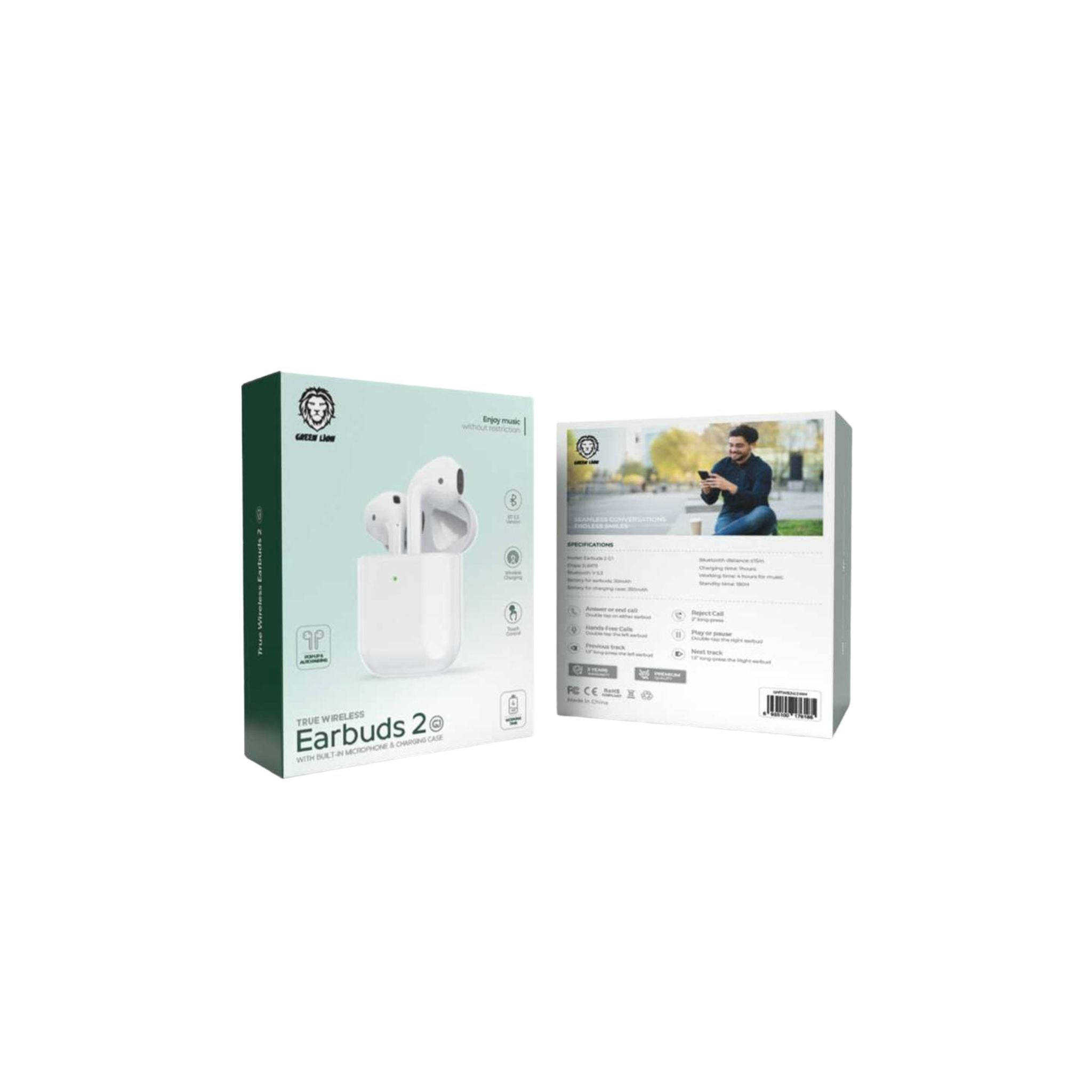 Green Lion True Wireless Earbuds 2 with Built-In Microphone&Charging Base Case G1- White