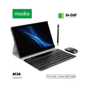 Modio M36 tablet PC with keyboard, stylus, and mouse on a white background