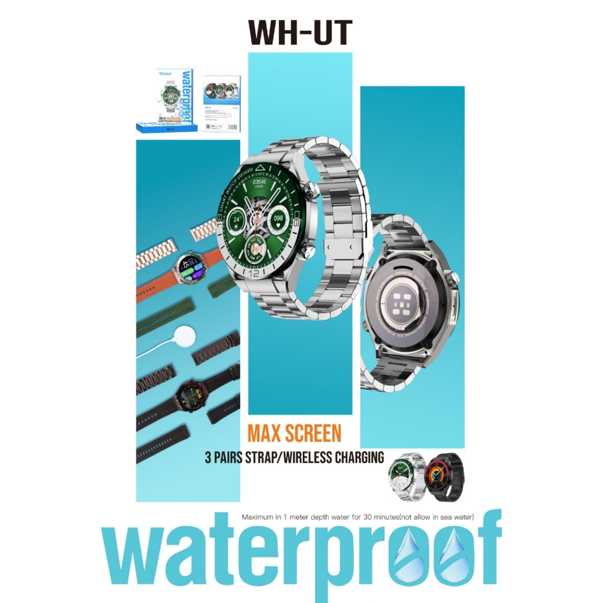 Telzeal WH-UT Smartwatch with Waterproof Max Screen Wireless Charging and 3 Pair Straps,Designed for Men- Silver