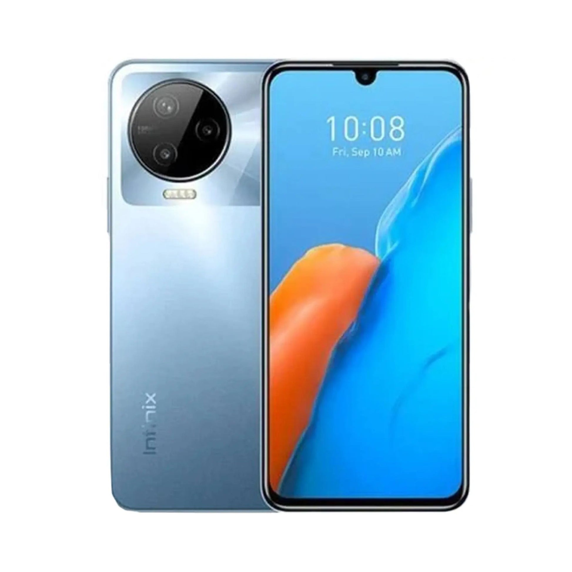 Infinix smartphone showing front and back on a white background