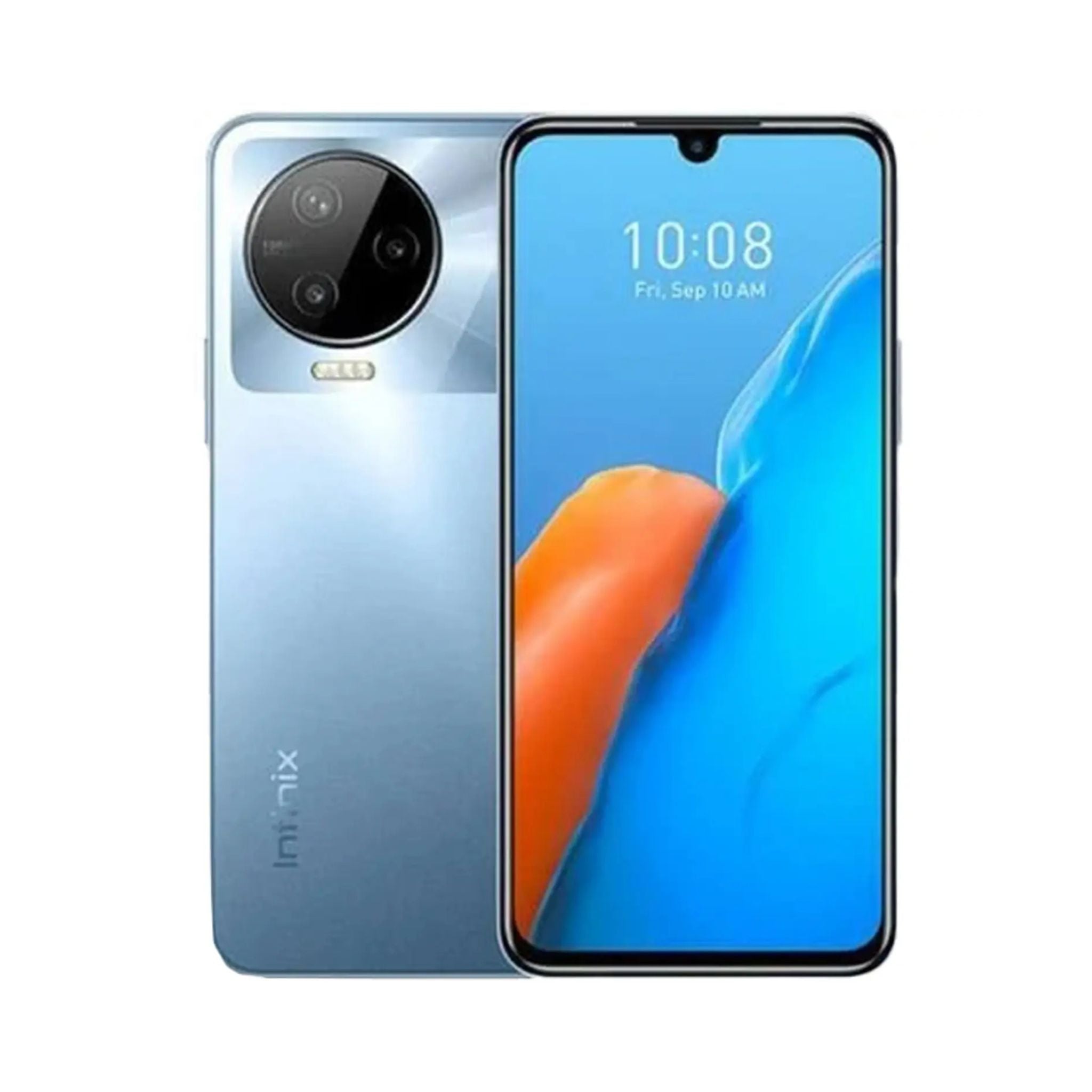 Infinix smartphone showing front and back on a white background