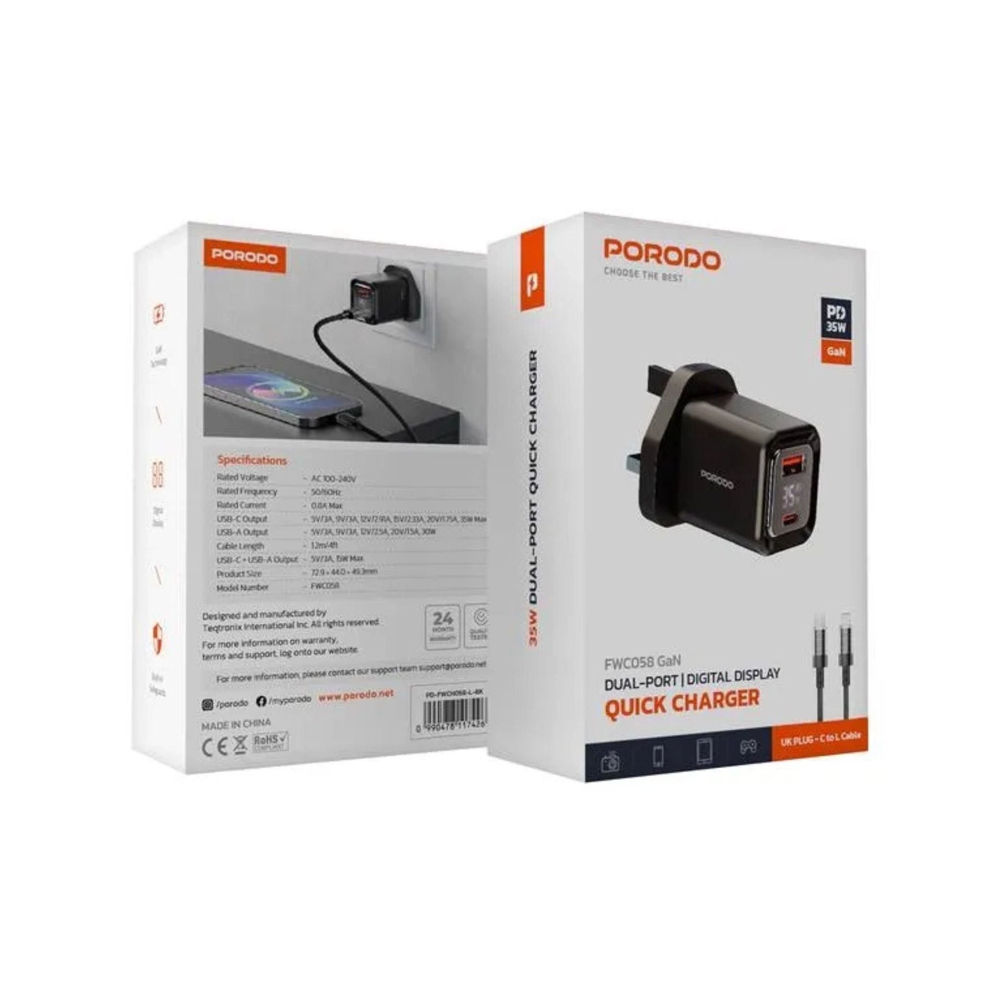 Porodo PD35W GaN Fast Charger with LCD Display, USB-C PD 35W Output, UK Plug, Includes Lightning Transparent Cable for iPhone & iPad, High-Speed Power Adapter – Black