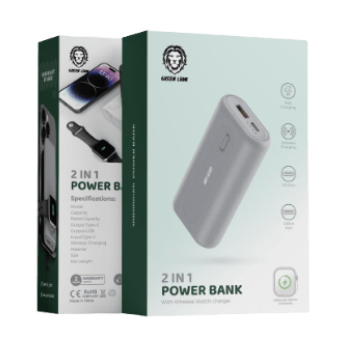 Green Lion 10000mAh 2 In 1 Power Bank With Wireless Charger_GRAY