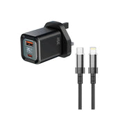 Porodo PD35W GaN Fast Charger with LCD Display, USB-C PD 35W Output, UK Plug, Includes Lightning Transparent Cable for iPhone & iPad, High-Speed Power Adapter – Black