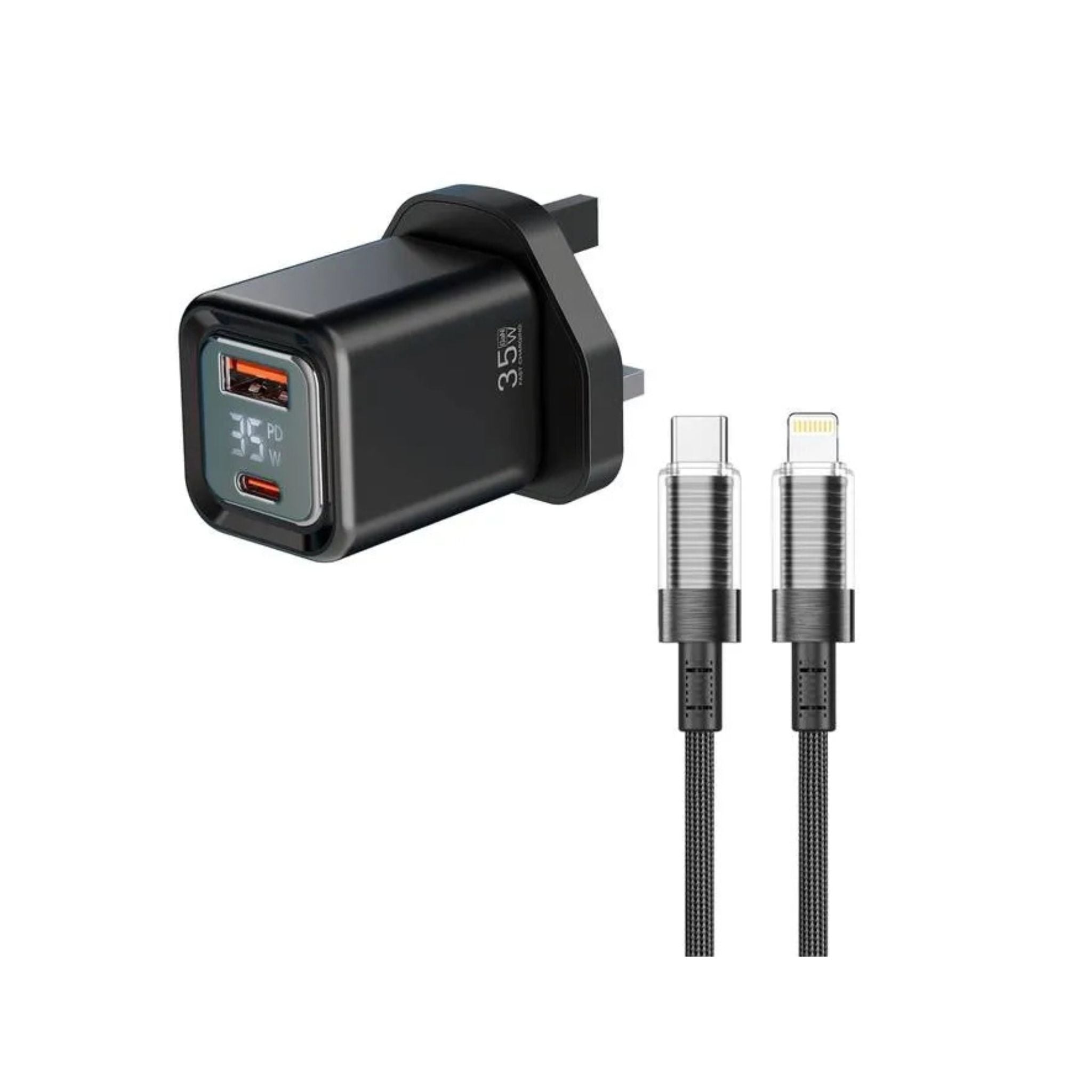 Porodo PD35W GaN Fast Charger with LCD Display, USB-C PD 35W Output, UK Plug, Includes Lightning Transparent Cable for iPhone & iPad, High-Speed Power Adapter – Black