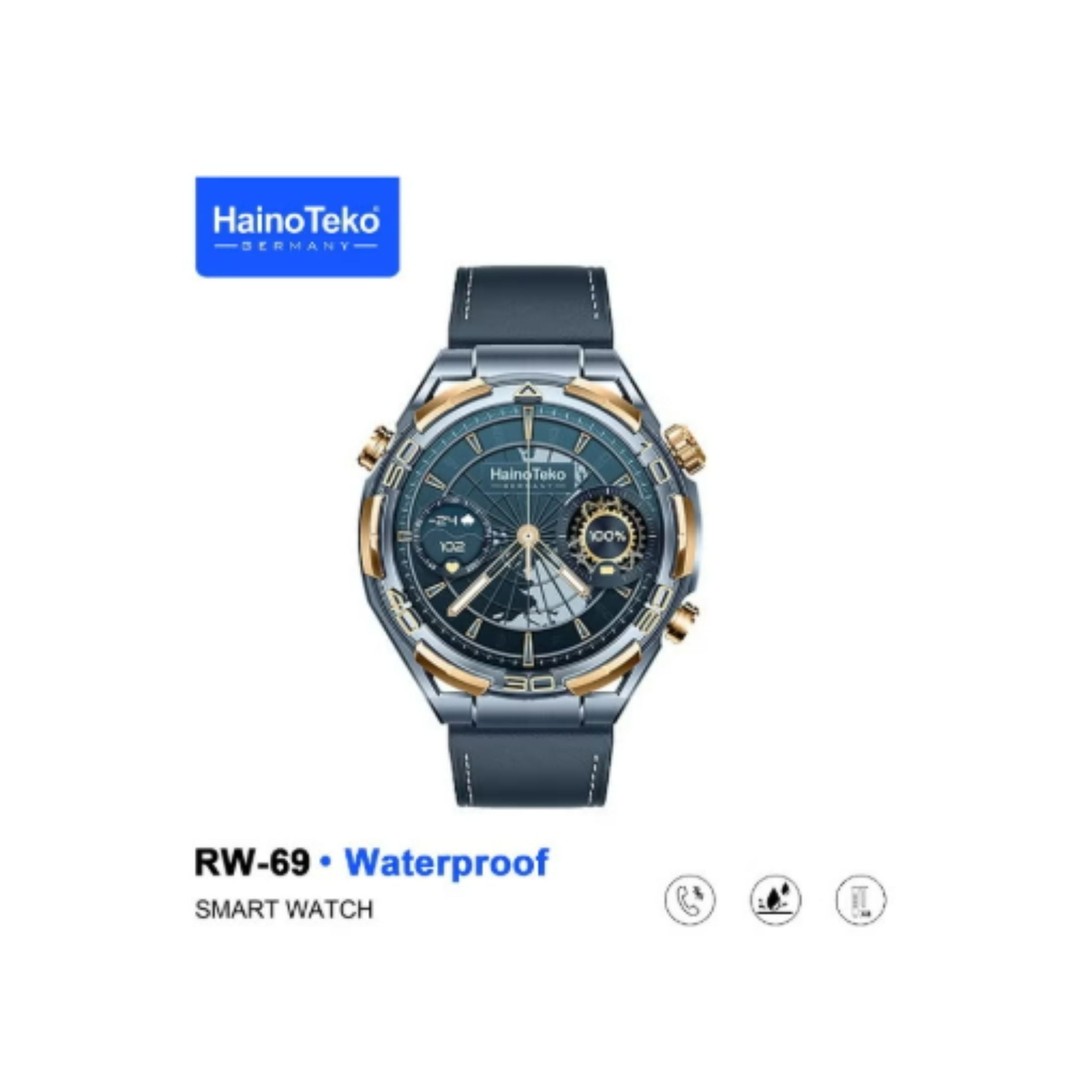 Haino Teko RW-69 Waterproof Smartwatch with 1GB Built-in Storage 10-Day Battery AMOLED Display and 3 Pair Straps Designed for Men-Blue