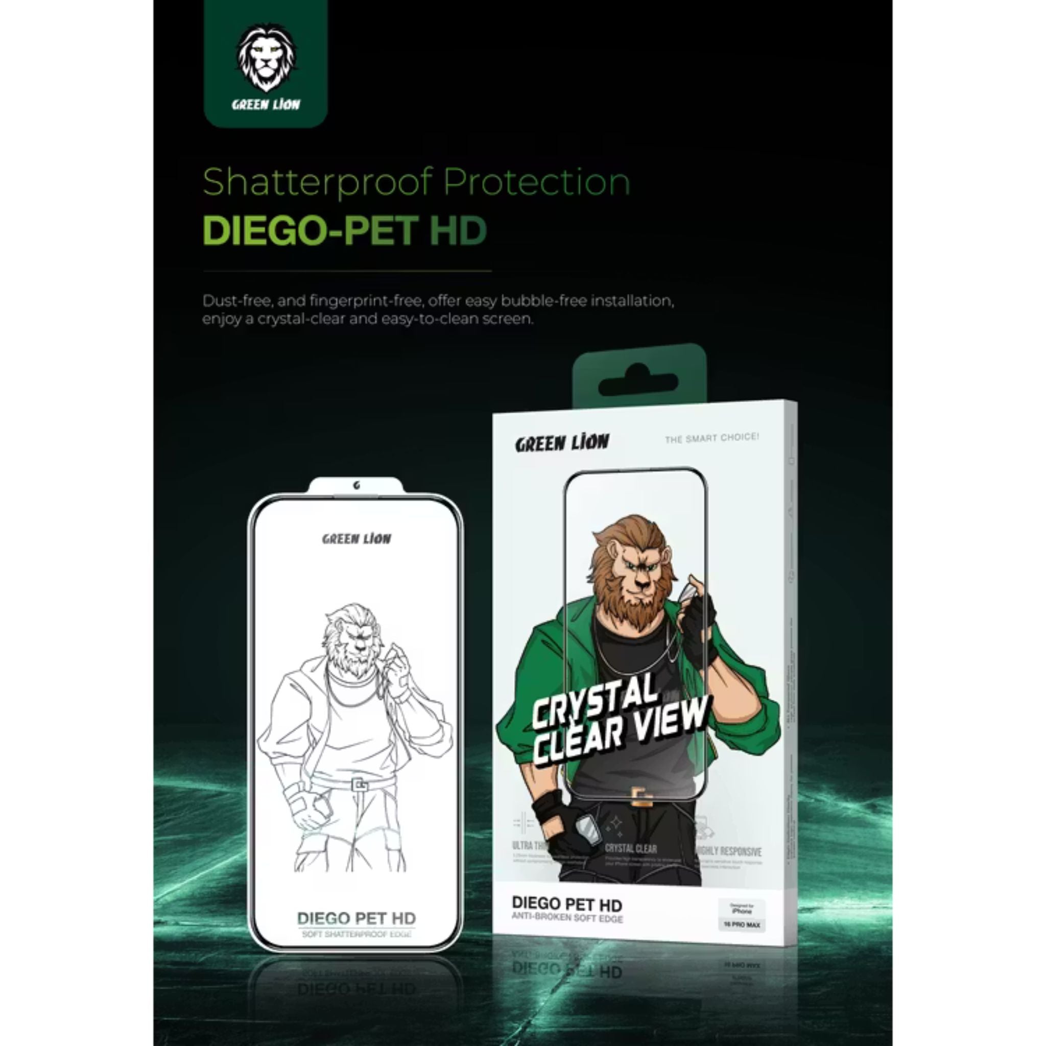 Green Lion Diego Pet HD Screen Protector for iPhone 16 Pro Max, Anti-Fingerprint, Crystal Clear, 9H Tempered Glass, Highly Responsive, Bubble Free - Clear