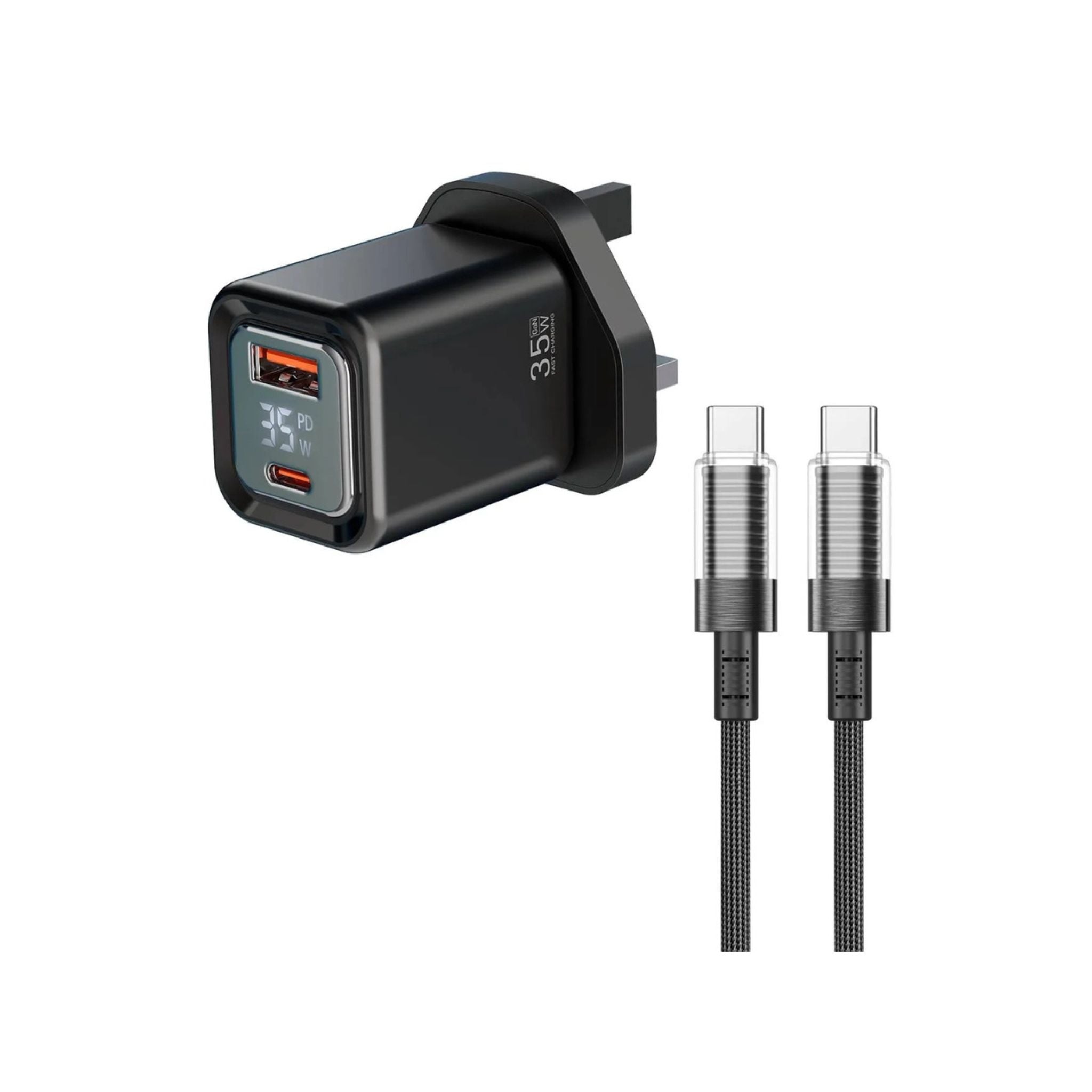 Porodo  PD35W GaN Display Screen USB +C Fast Charger UK Plug with  Type-C Transparent Cable - Black
